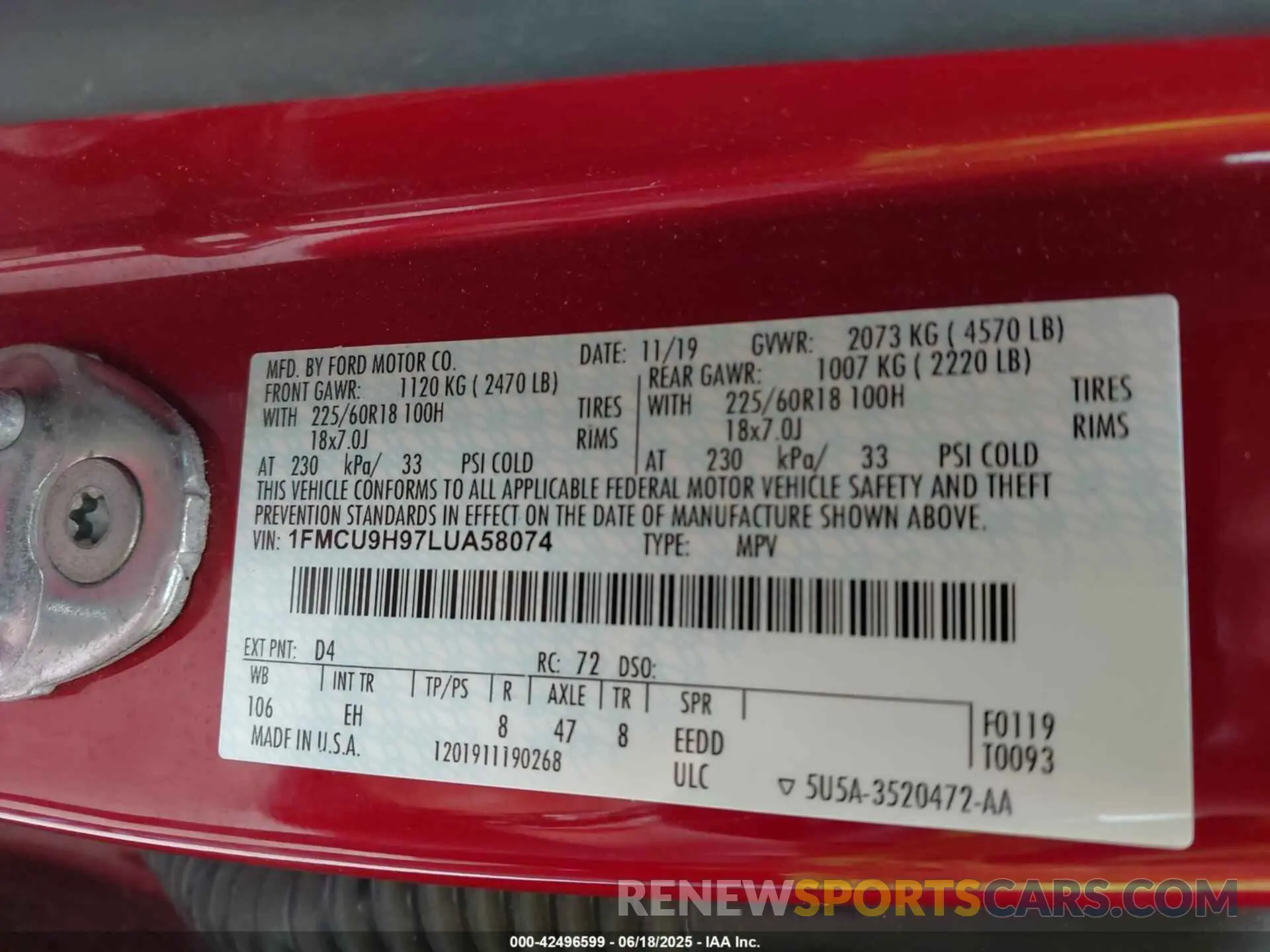 9 fotografías del automóvil dañado 1FMCU9H97LUA58074 FORD ESCAPE 2020
