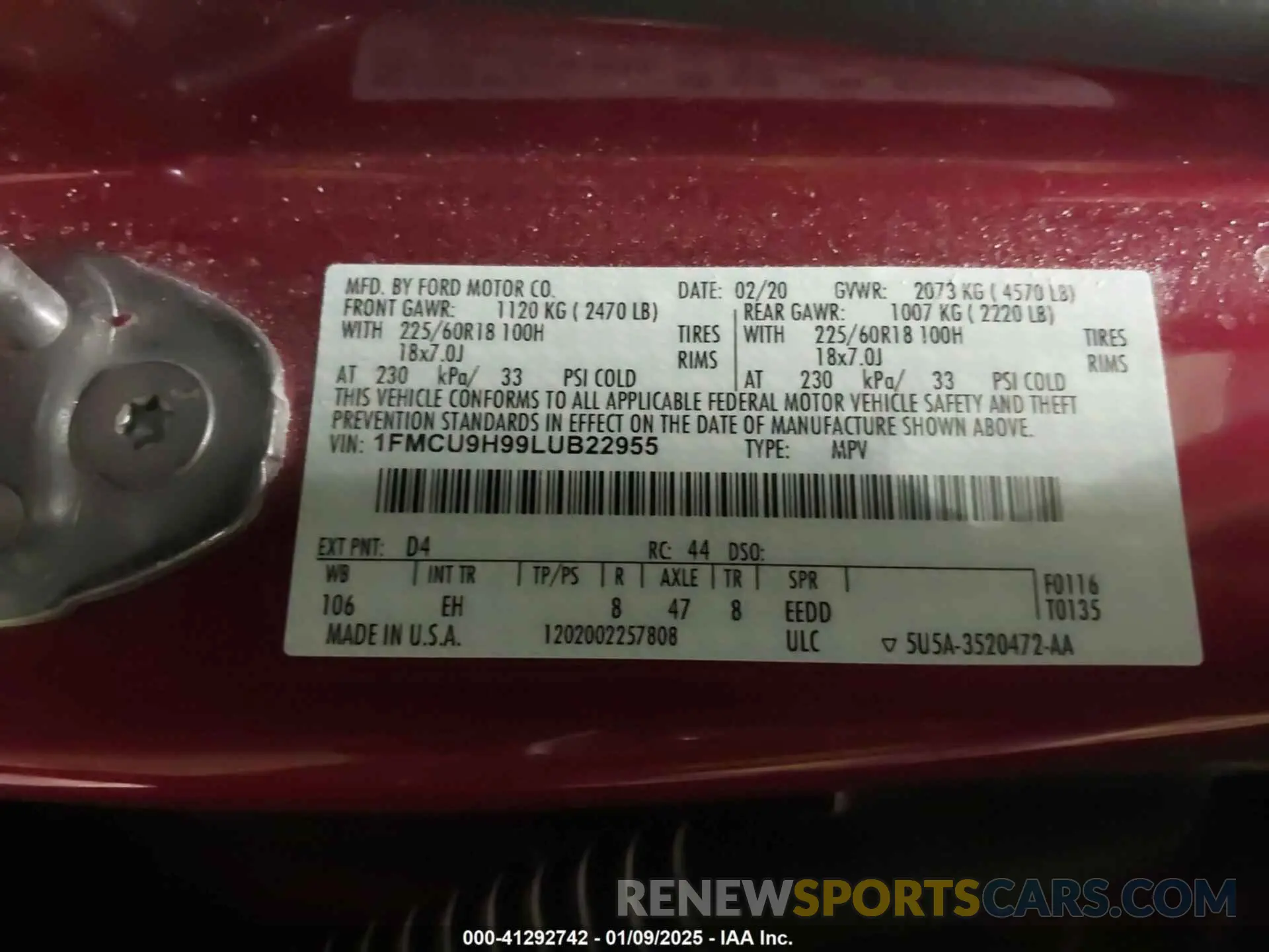 9 fotografías del automóvil dañado 1FMCU9H99LUB22955 FORD ESCAPE 2020
