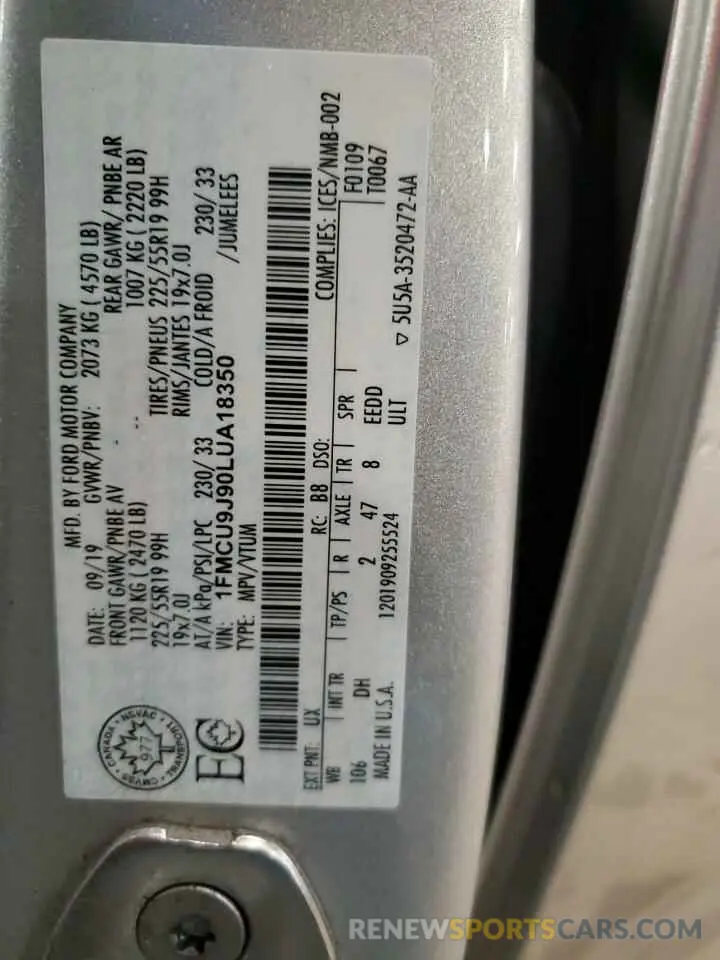 15 fotografías del automóvil dañado 1FMCU9J90LUA18350 FORD ESCAPE 2020