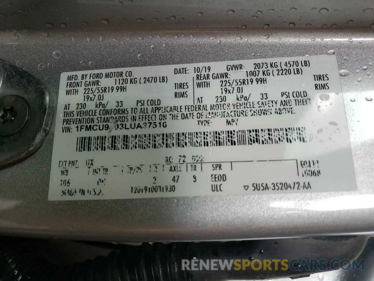 12 fotografías del automóvil dañado 1FMCU9J93LUA37510 FORD ESCAPE 2020