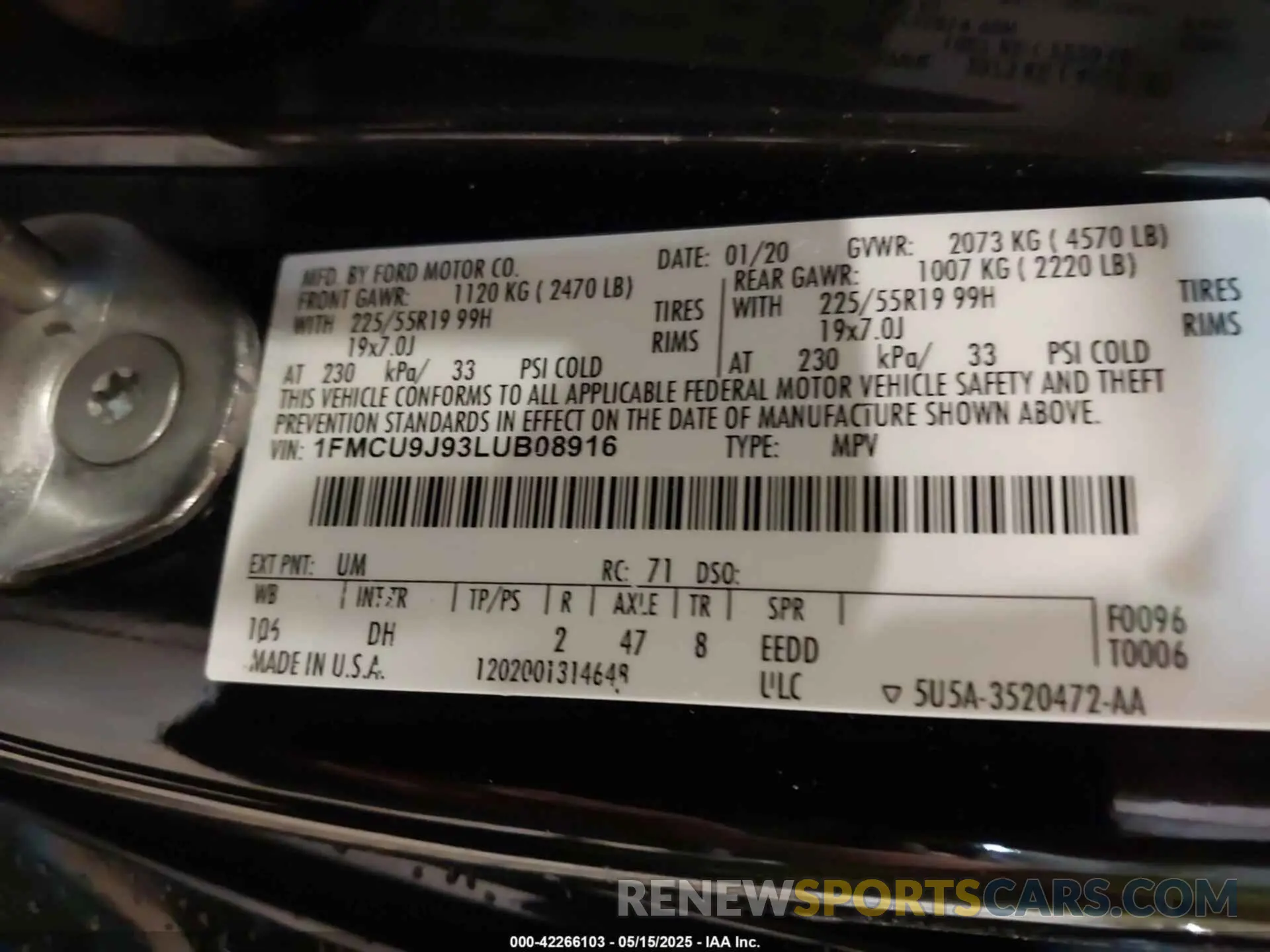 9 fotografías del automóvil dañado 1FMCU9J93LUB08916 FORD ESCAPE 2020