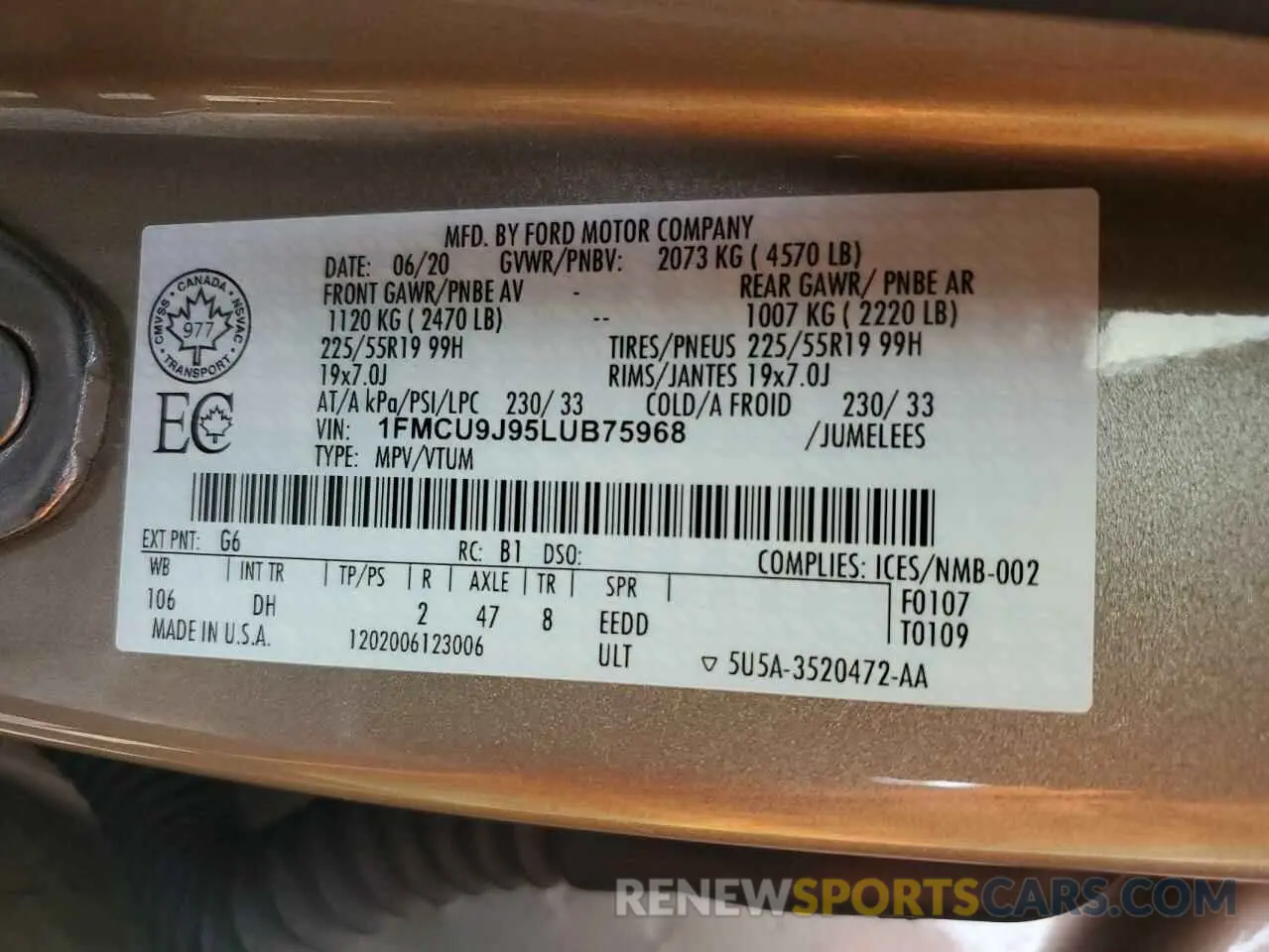 13 fotografías del automóvil dañado 1FMCU9J95LUB75968 FORD ESCAPE 2020