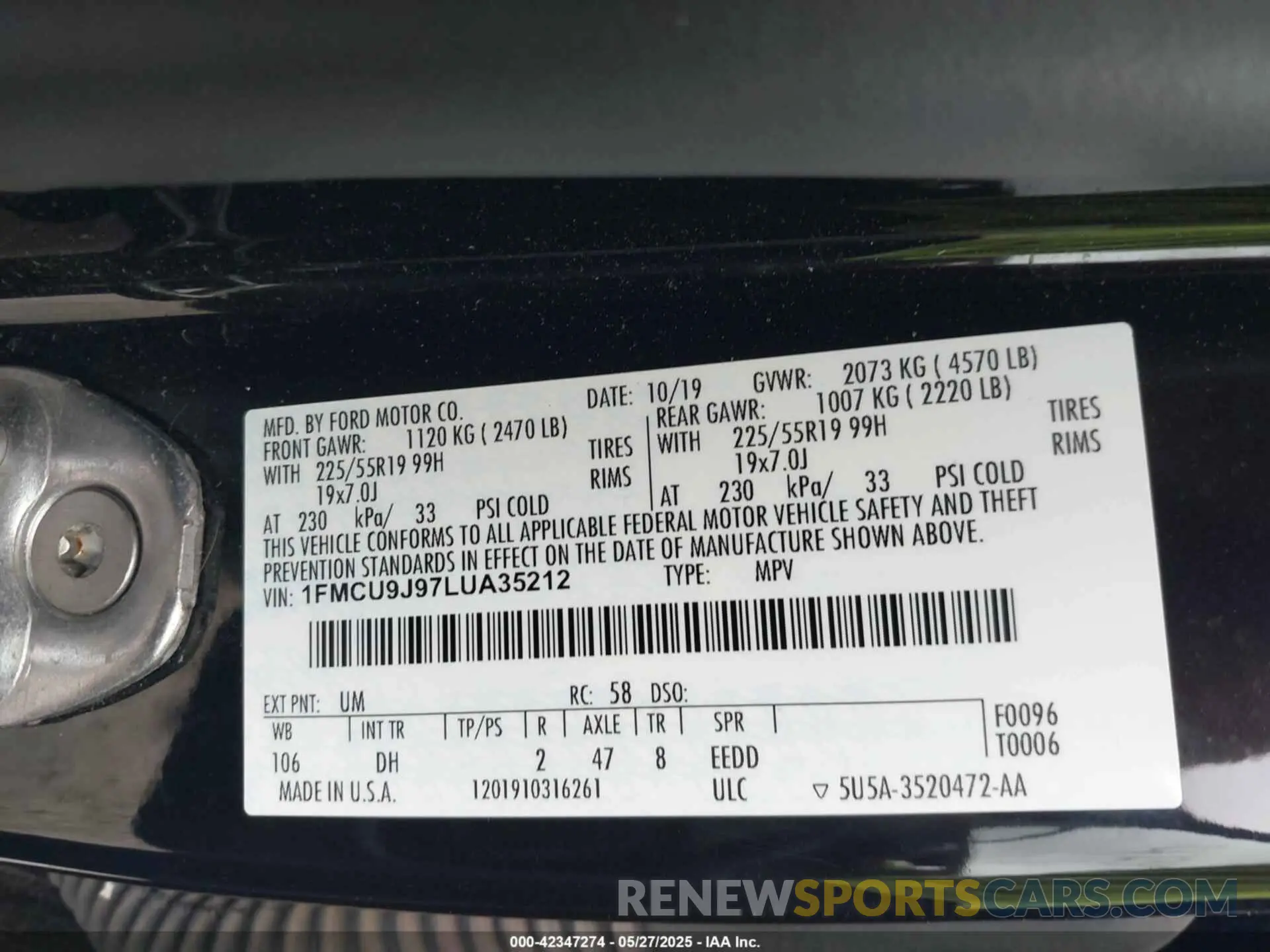 9 fotografías del automóvil dañado 1FMCU9J97LUA35212 FORD ESCAPE 2020