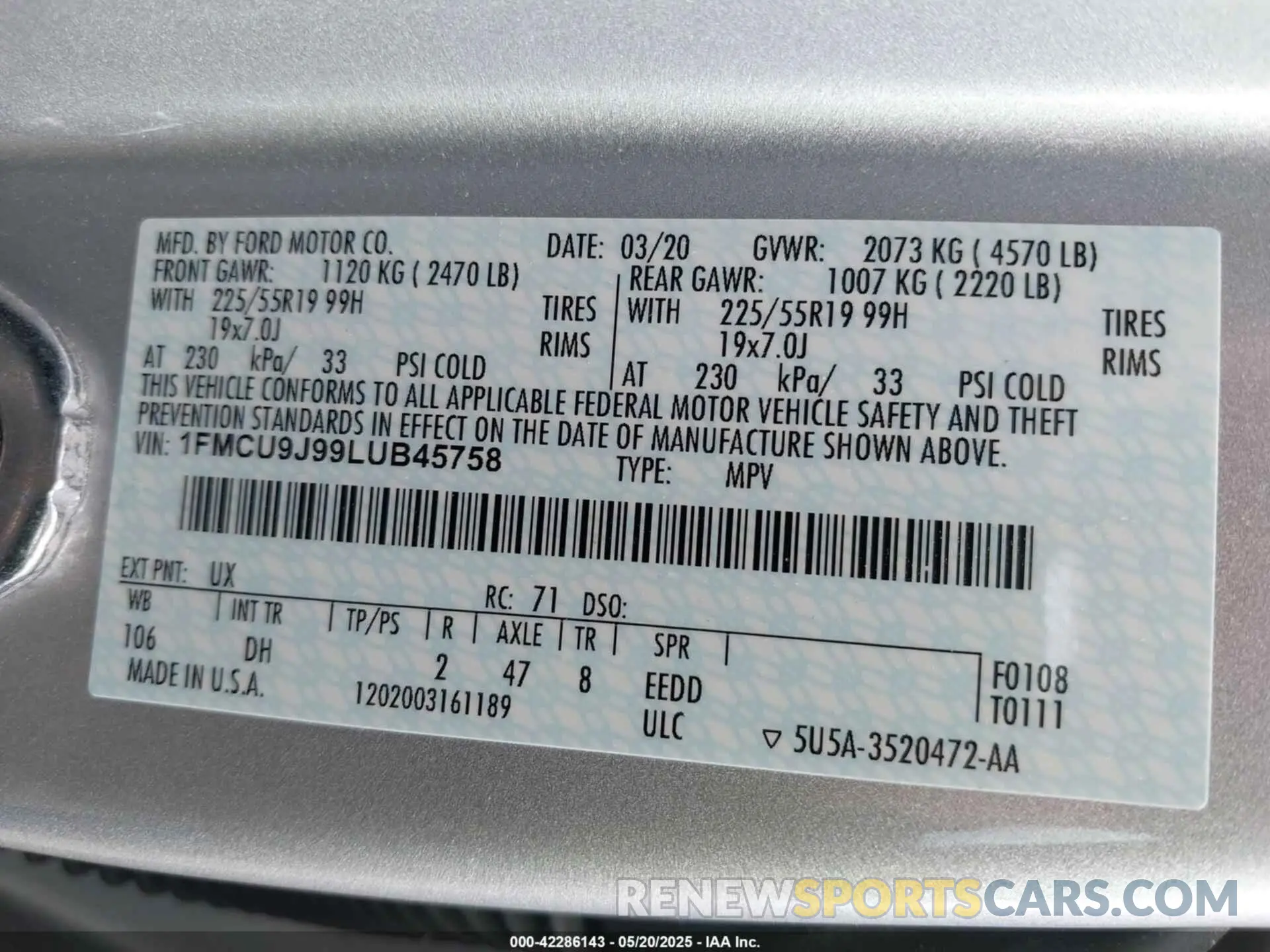 9 fotografías del automóvil dañado 1FMCU9J99LUB45758 FORD ESCAPE 2020