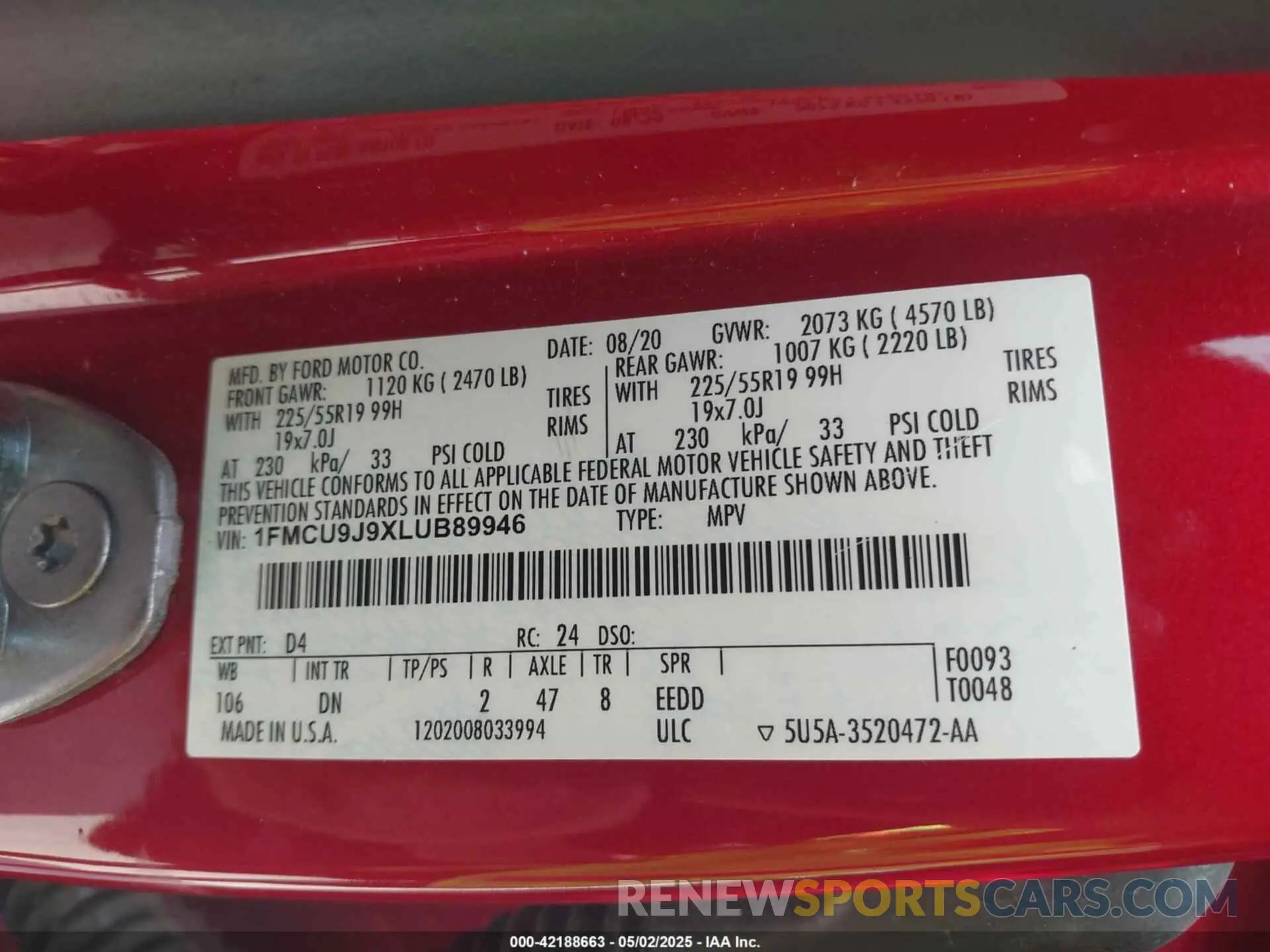 9 fotografías del automóvil dañado 1FMCU9J9XLUB89946 FORD ESCAPE 2020
