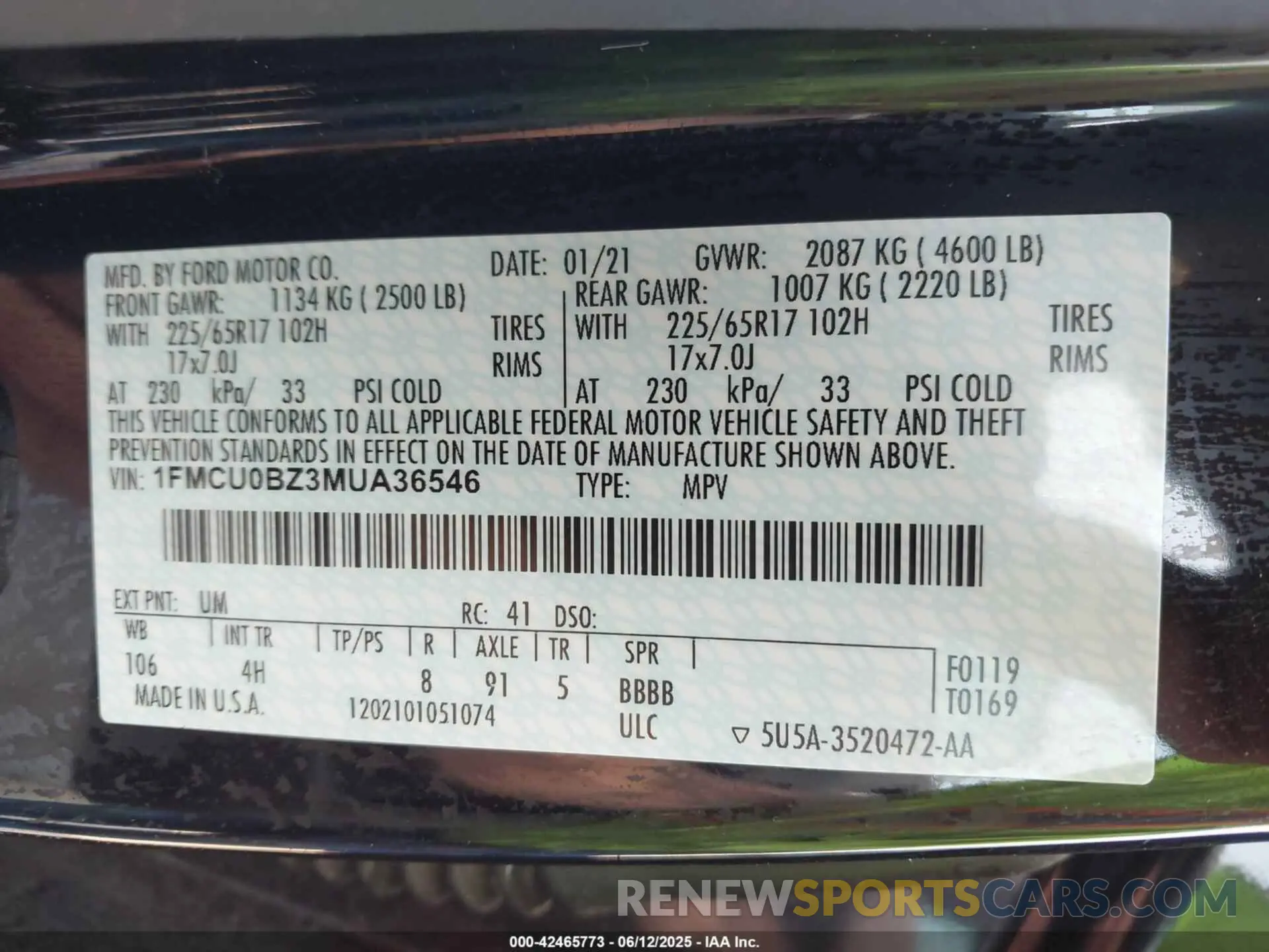 9 fotografías del automóvil dañado 1FMCU0BZ3MUA36546 FORD ESCAPE 2021