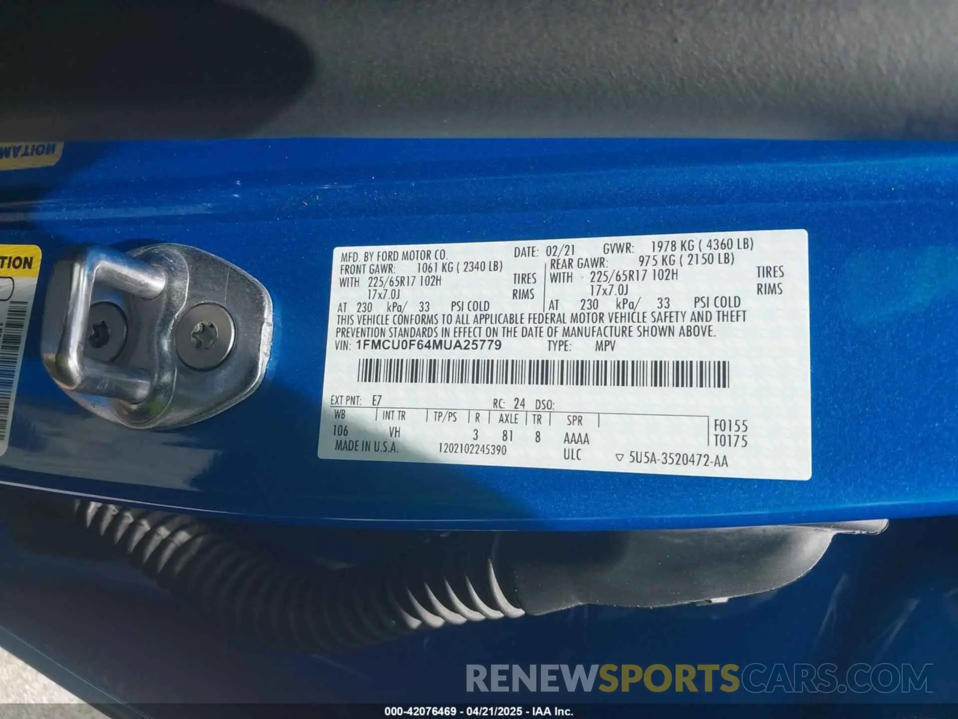 9 fotografías del automóvil dañado 1FMCU0F64MUA25779 FORD ESCAPE 2021
