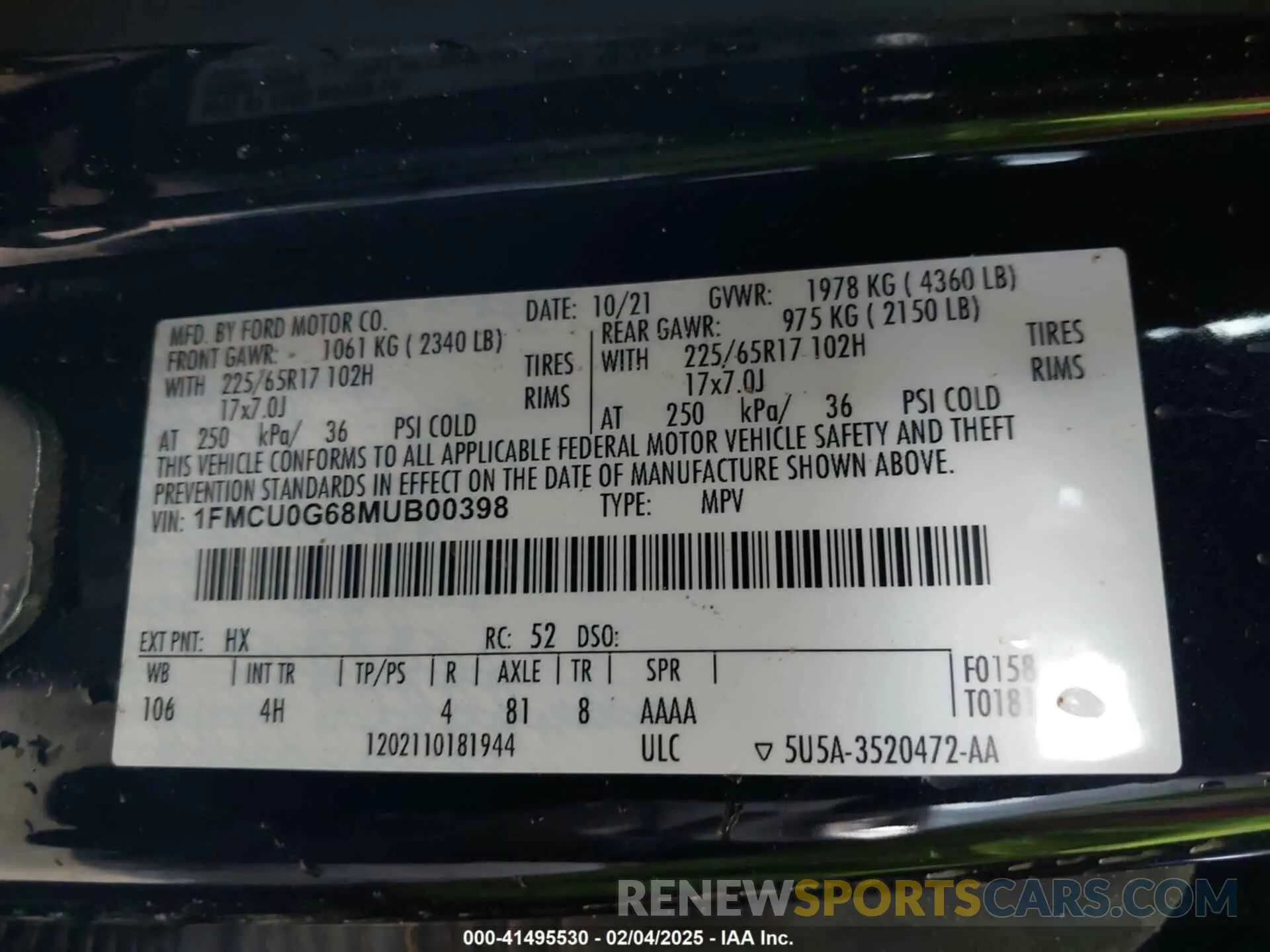 9 fotografías del automóvil dañado 1FMCU0G68MUB00398 FORD ESCAPE 2021
