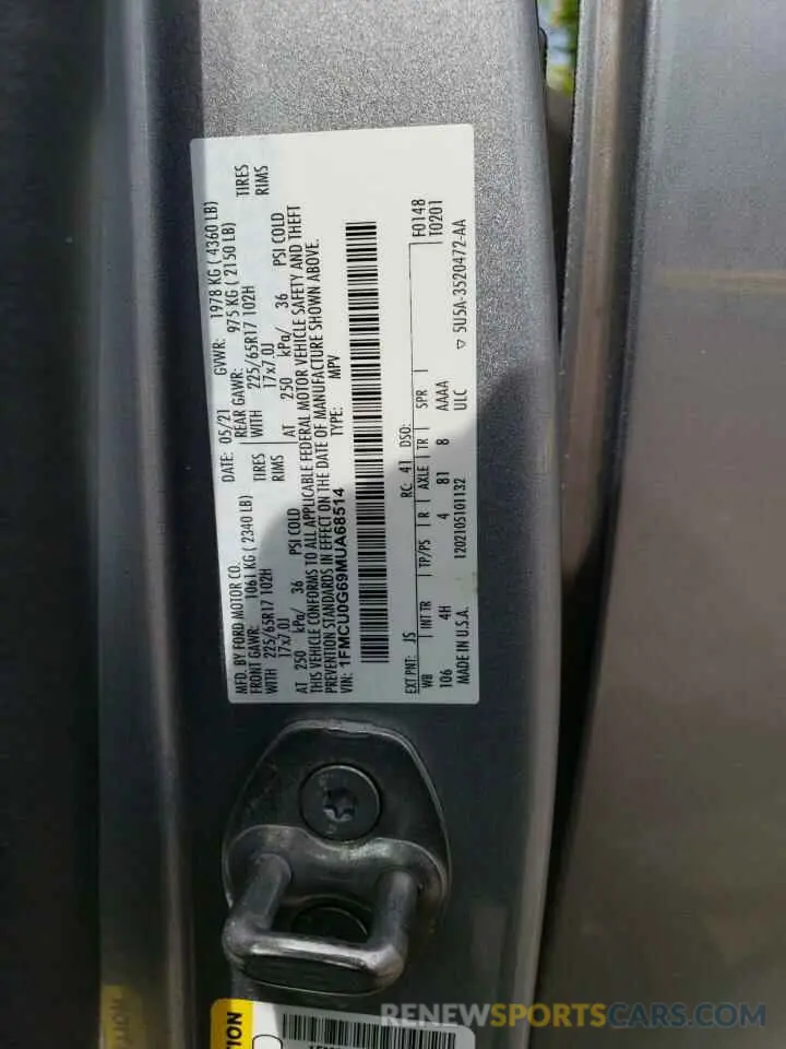 13 fotografías del automóvil dañado 1FMCU0G69MUA68514 FORD ESCAPE 2021