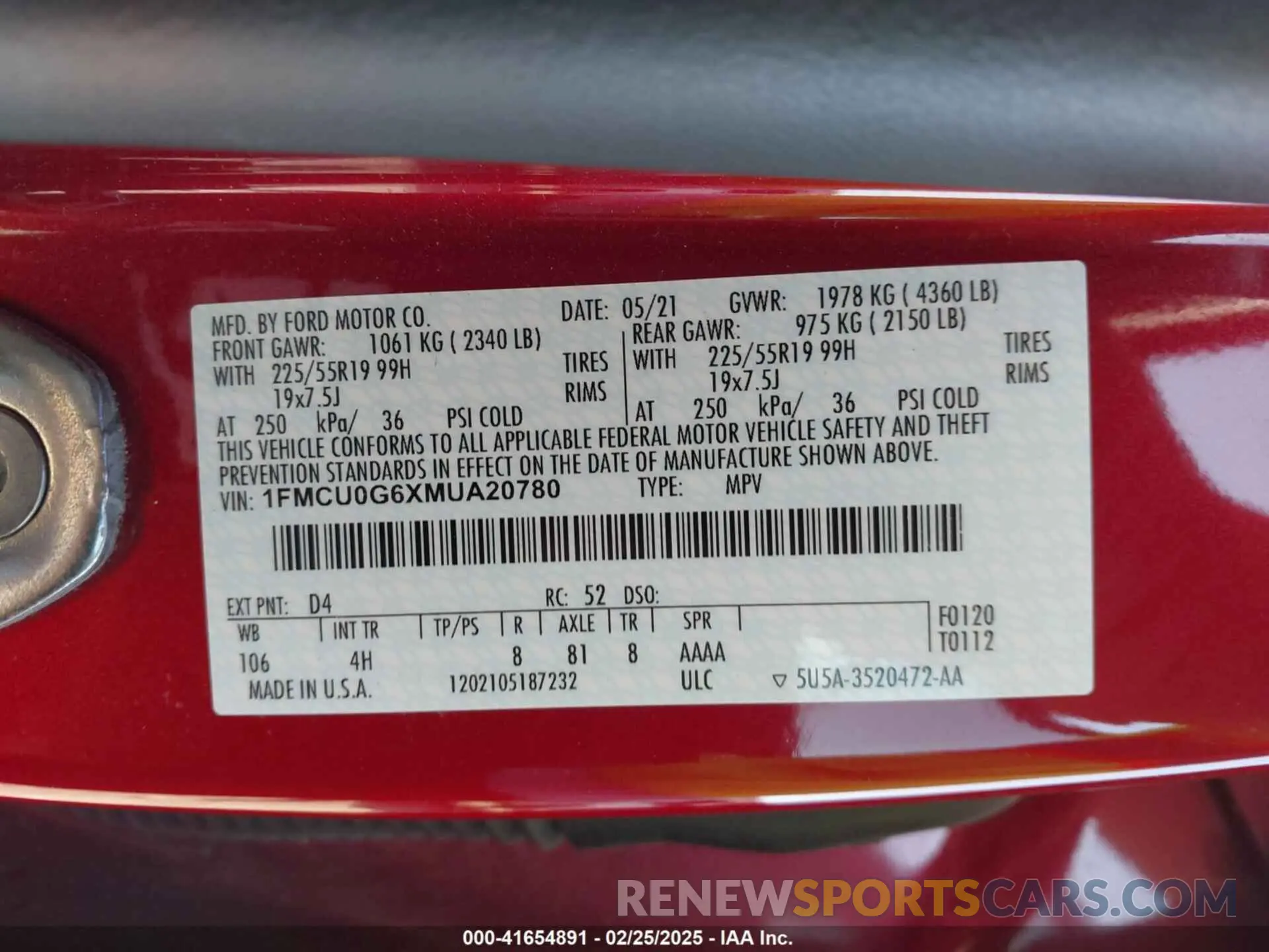 9 fotografías del automóvil dañado 1FMCU0G6XMUA20780 FORD ESCAPE 2021