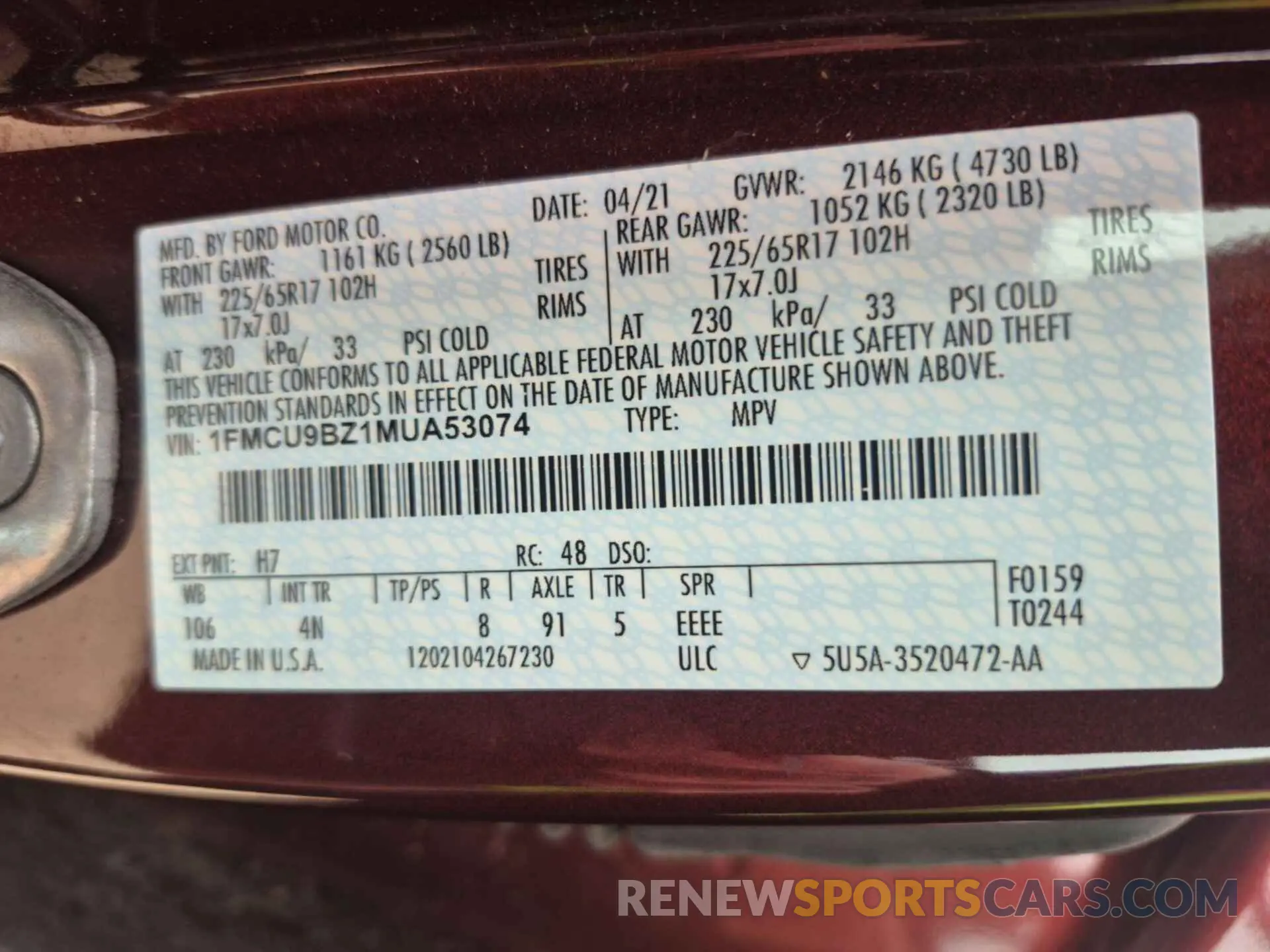 1 fotografías del automóvil dañado 1FMCU9BZ1MUA53074 FORD ESCAPE 2021