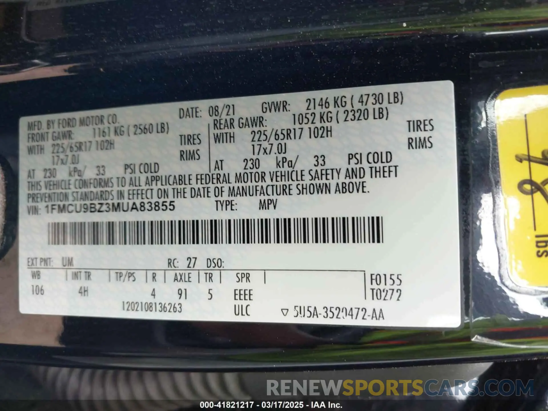9 fotografías del automóvil dañado 1FMCU9BZ3MUA83855 FORD ESCAPE 2021