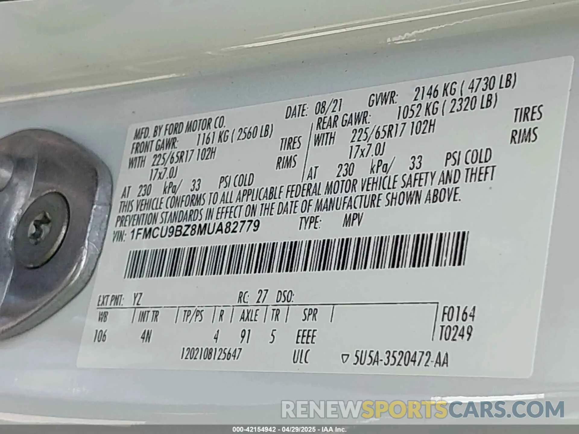 9 fotografías del automóvil dañado 1FMCU9BZ8MUA82779 FORD ESCAPE 2021