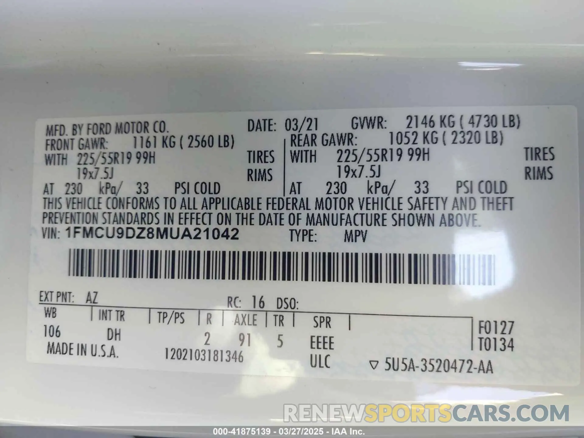 9 fotografías del automóvil dañado 1FMCU9DZ8MUA21042 FORD ESCAPE 2021