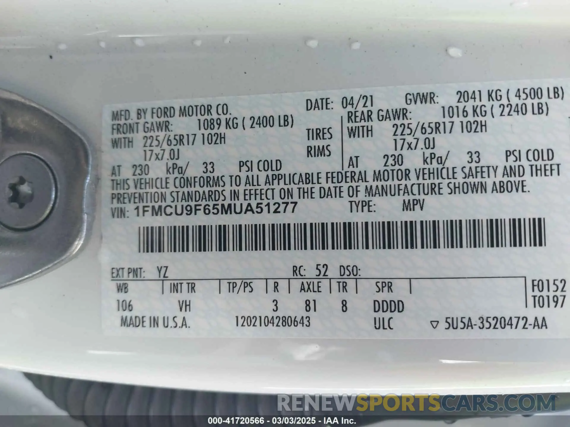 9 fotografías del automóvil dañado 1FMCU9F65MUA51277 FORD ESCAPE 2021