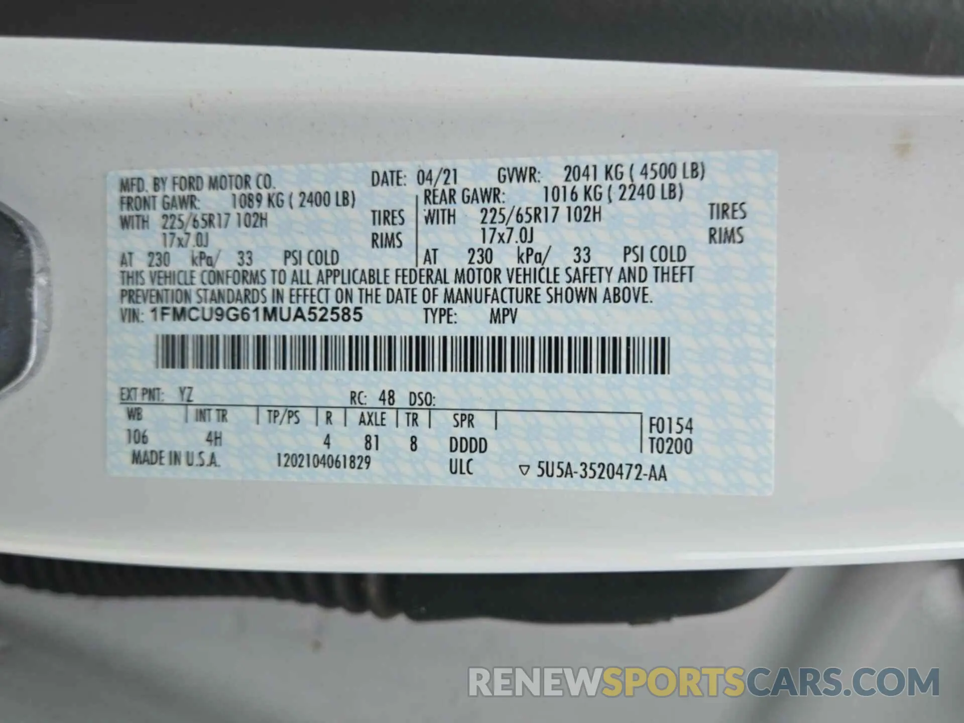 3 fotografías del automóvil dañado 1FMCU9G61MUA52585 FORD ESCAPE 2021