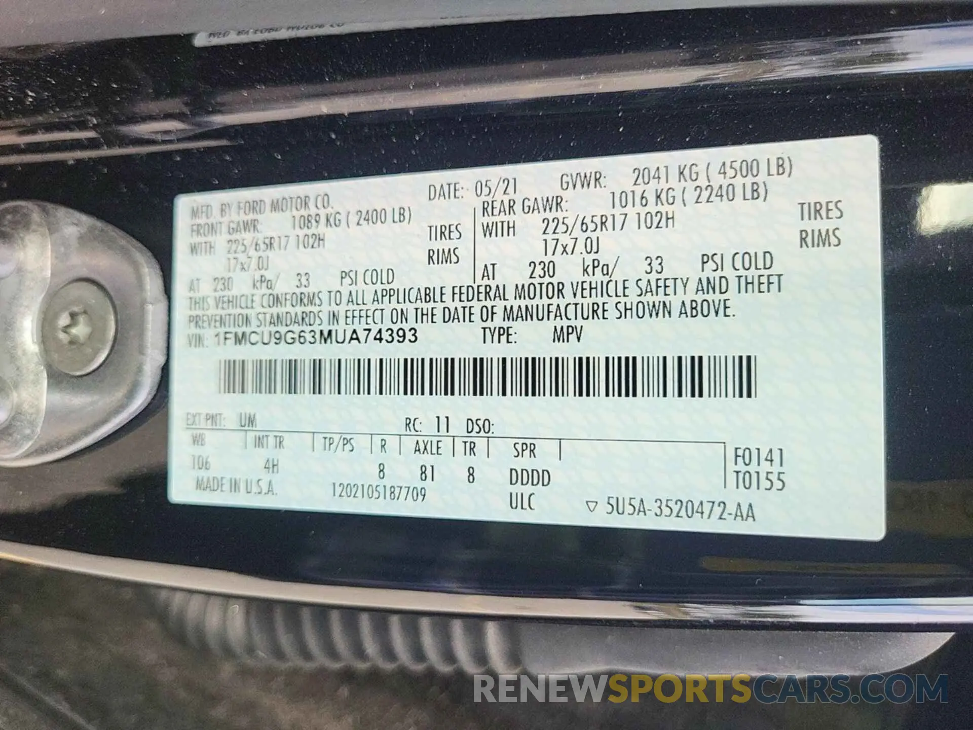 1 fotografías del automóvil dañado 1FMCU9G63MUA74393 FORD ESCAPE 2021