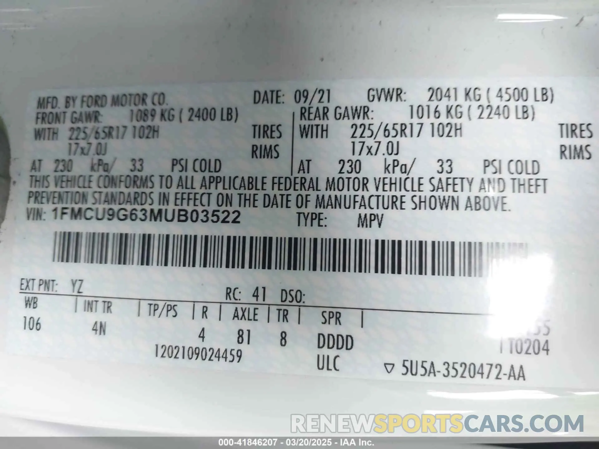 9 fotografías del automóvil dañado 1FMCU9G63MUB03522 FORD ESCAPE 2021