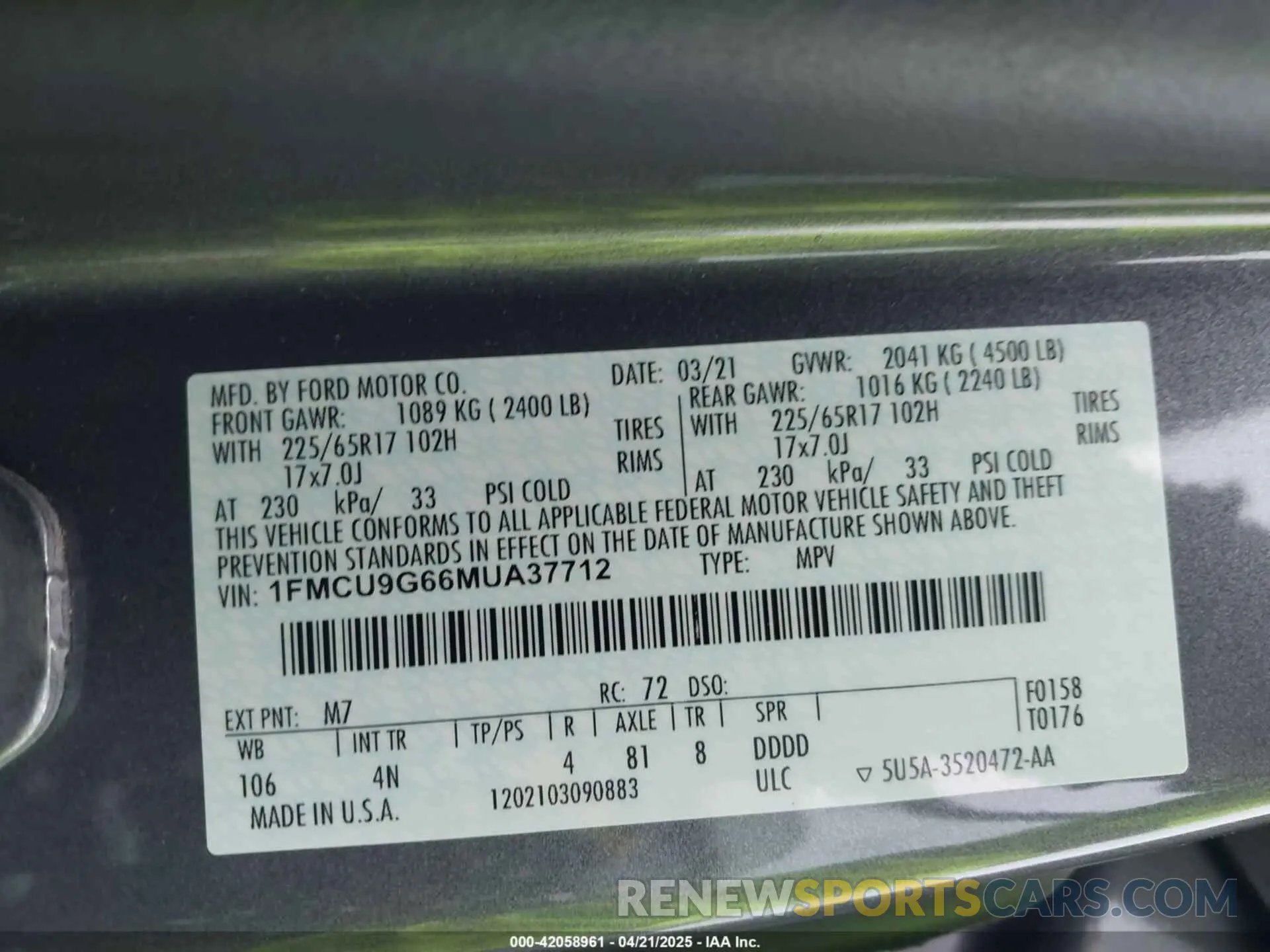 9 fotografías del automóvil dañado 1FMCU9G66MUA37712 FORD ESCAPE 2021