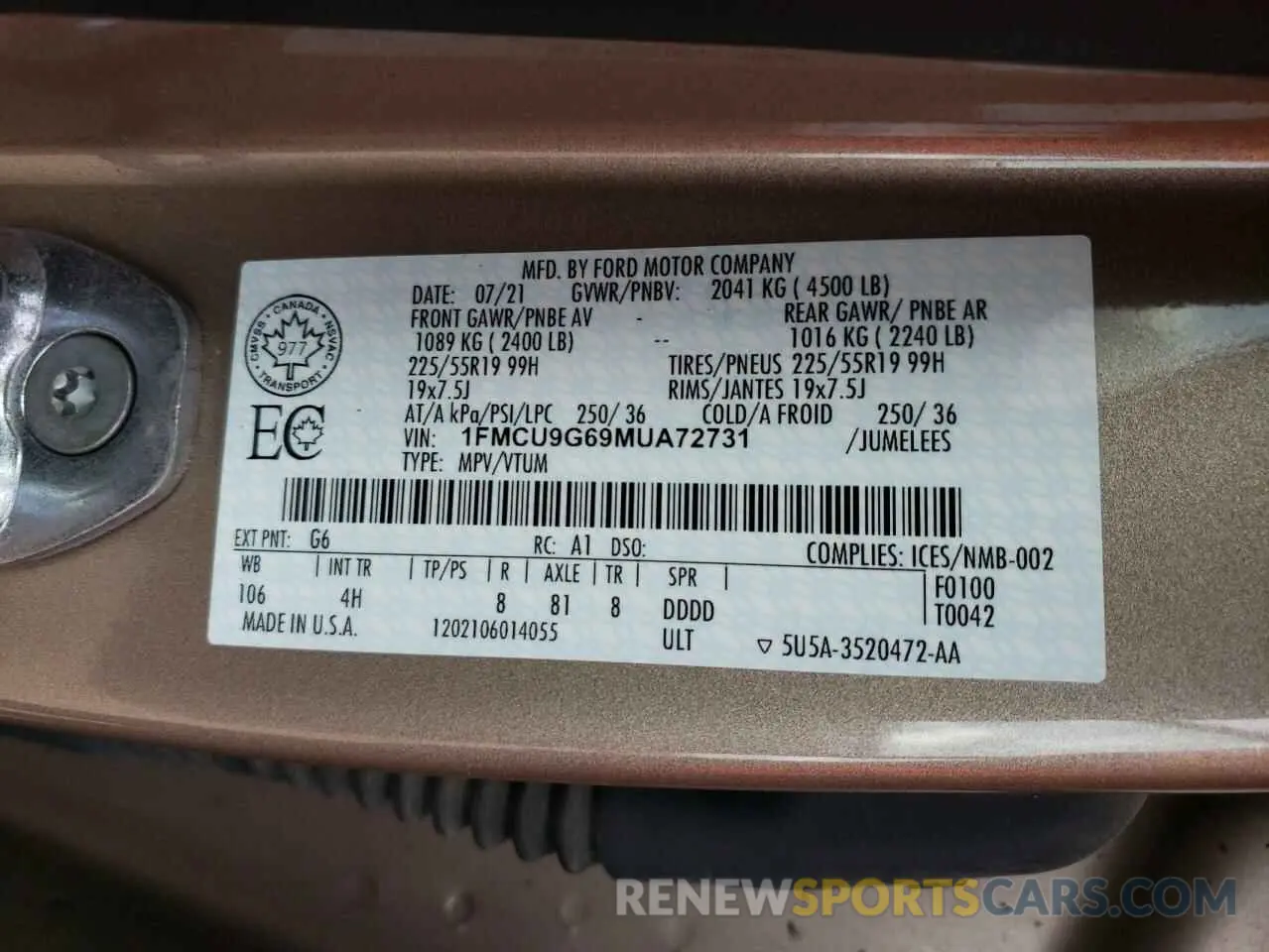 13 fotografías del automóvil dañado 1FMCU9G69MUA72731 FORD ESCAPE 2021