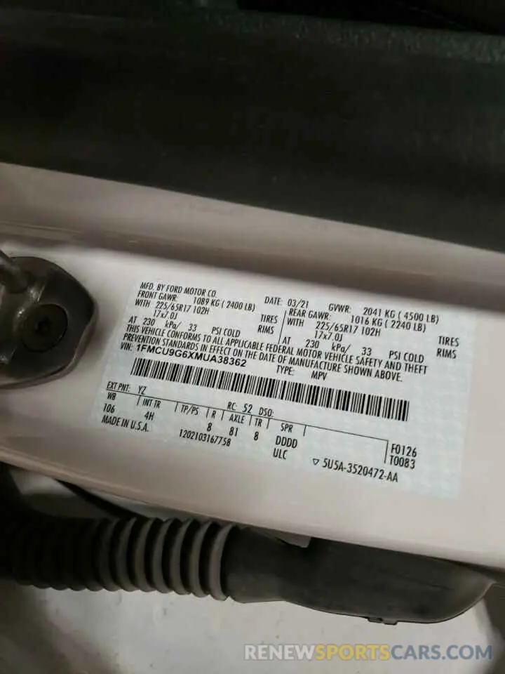 14 fotografías del automóvil dañado 1FMCU9G6XMUA38362 FORD ESCAPE 2021
