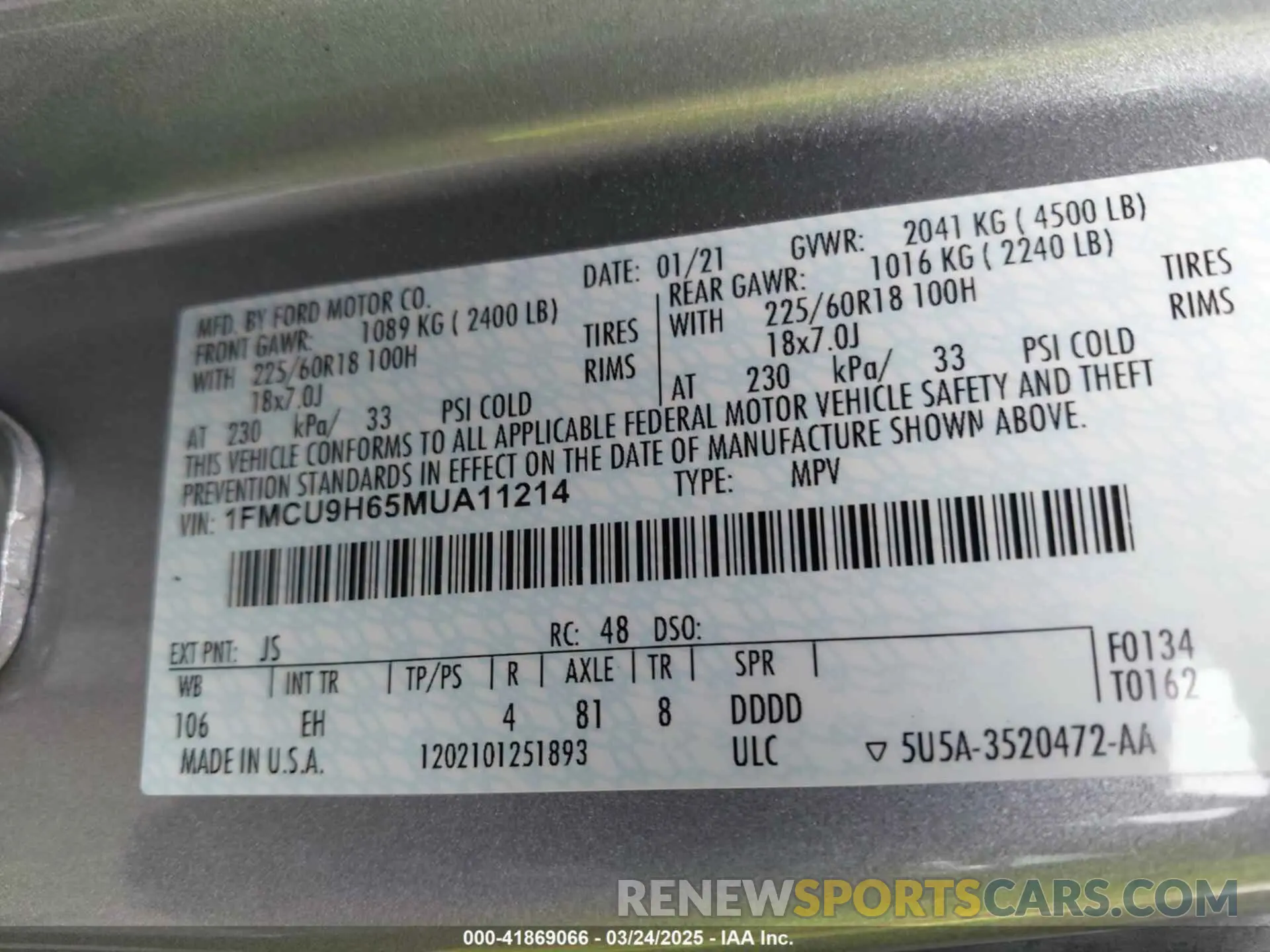 9 fotografías del automóvil dañado 1FMCU9H65MUA11214 FORD ESCAPE 2021