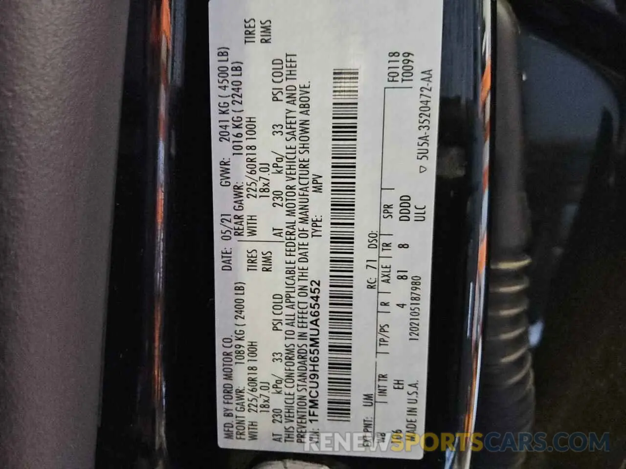 13 fotografías del automóvil dañado 1FMCU9H65MUA65452 FORD ESCAPE 2021