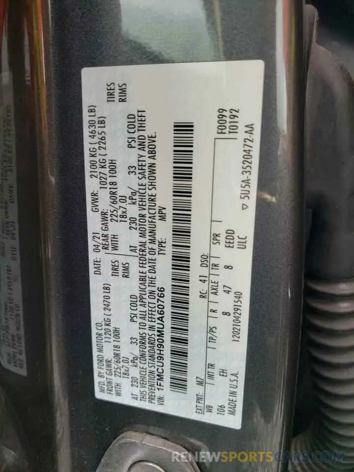 13 fotografías del automóvil dañado 1FMCU9H90MUA60766 FORD ESCAPE 2021