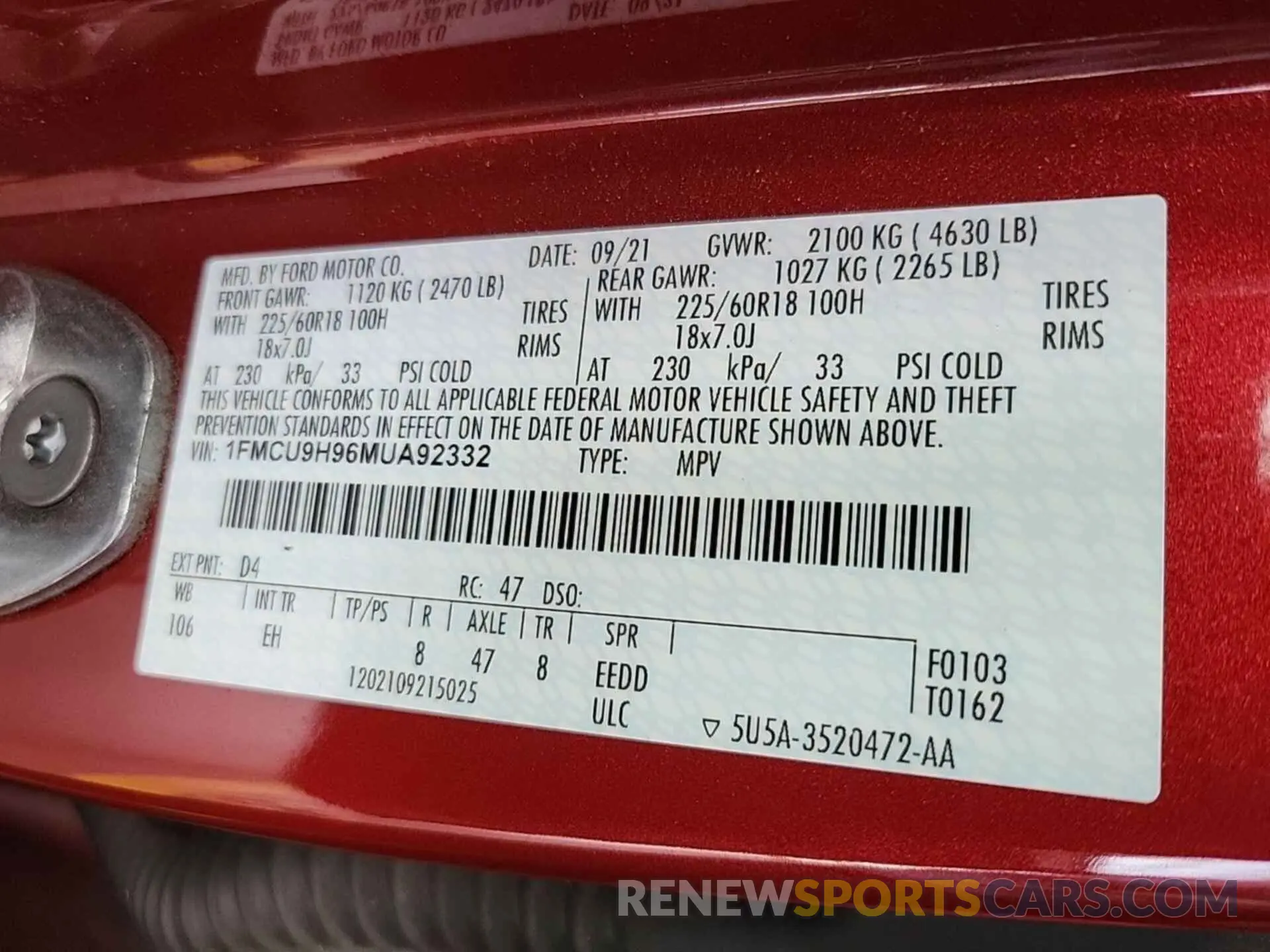 20 fotografías del automóvil dañado 1FMCU9H96MUA92332 FORD ESCAPE 2021