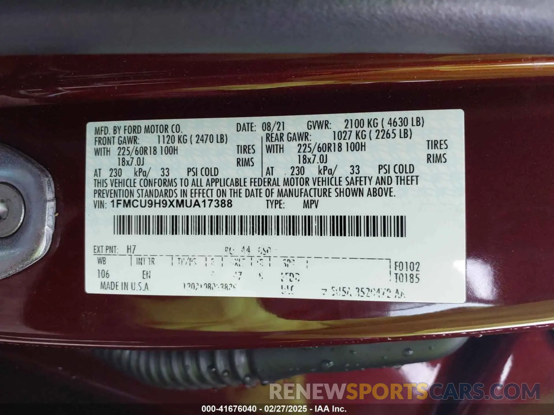 9 fotografías del automóvil dañado 1FMCU9H9XMUA17388 FORD ESCAPE 2021