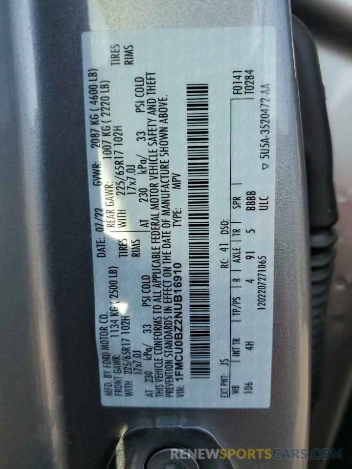 14 fotografías del automóvil dañado 1FMCU0BZ2NUB16910 FORD ESCAPE 2022