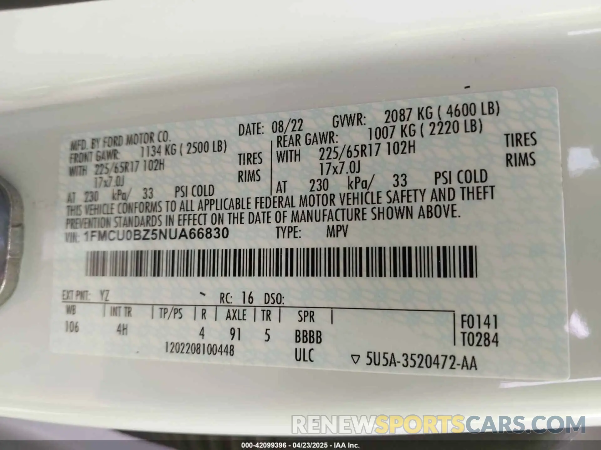 9 fotografías del automóvil dañado 1FMCU0BZ5NUA66830 FORD ESCAPE 2022
