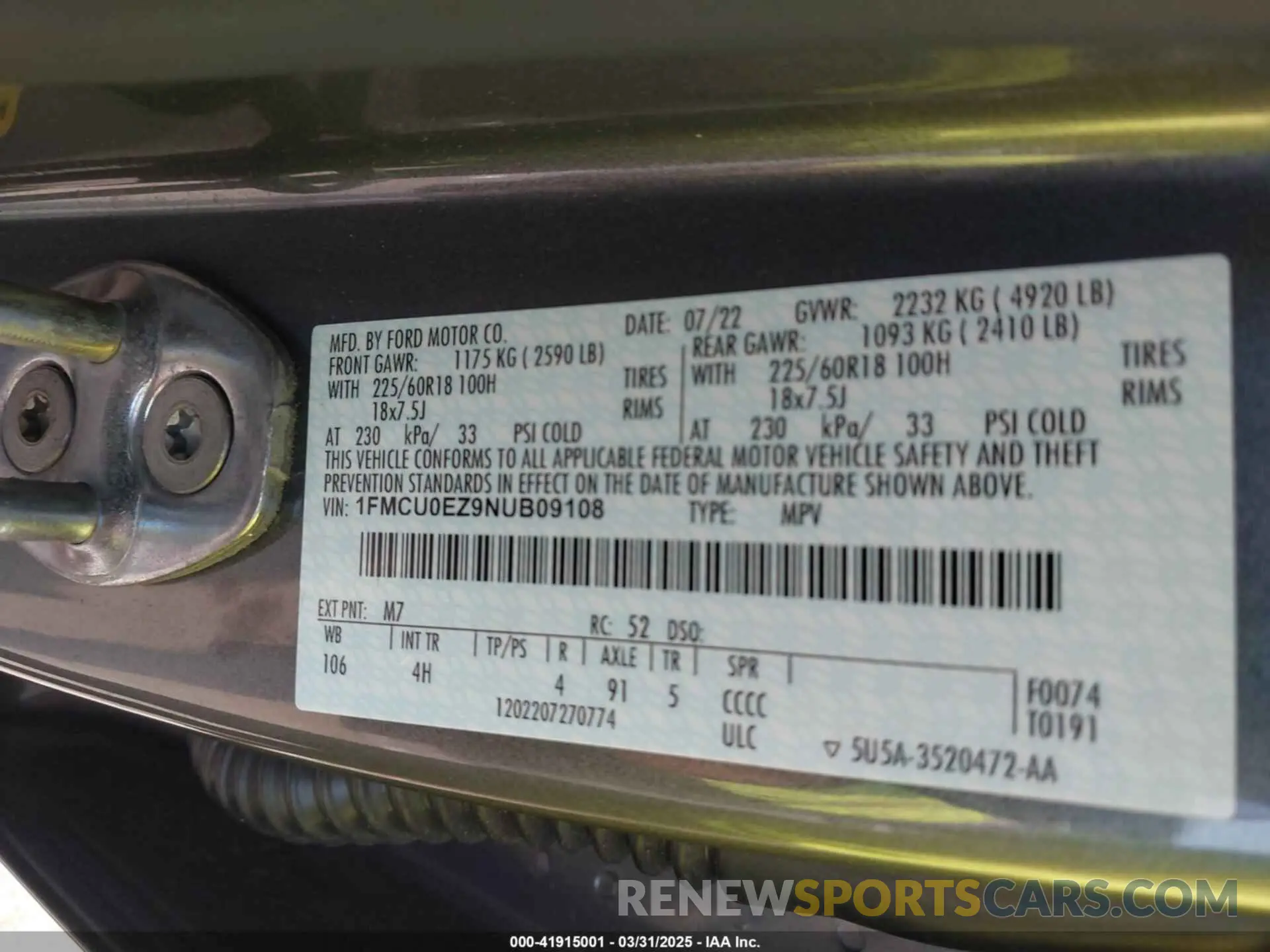 9 fotografías del automóvil dañado 1FMCU0EZ9NUB09108 FORD ESCAPE 2022