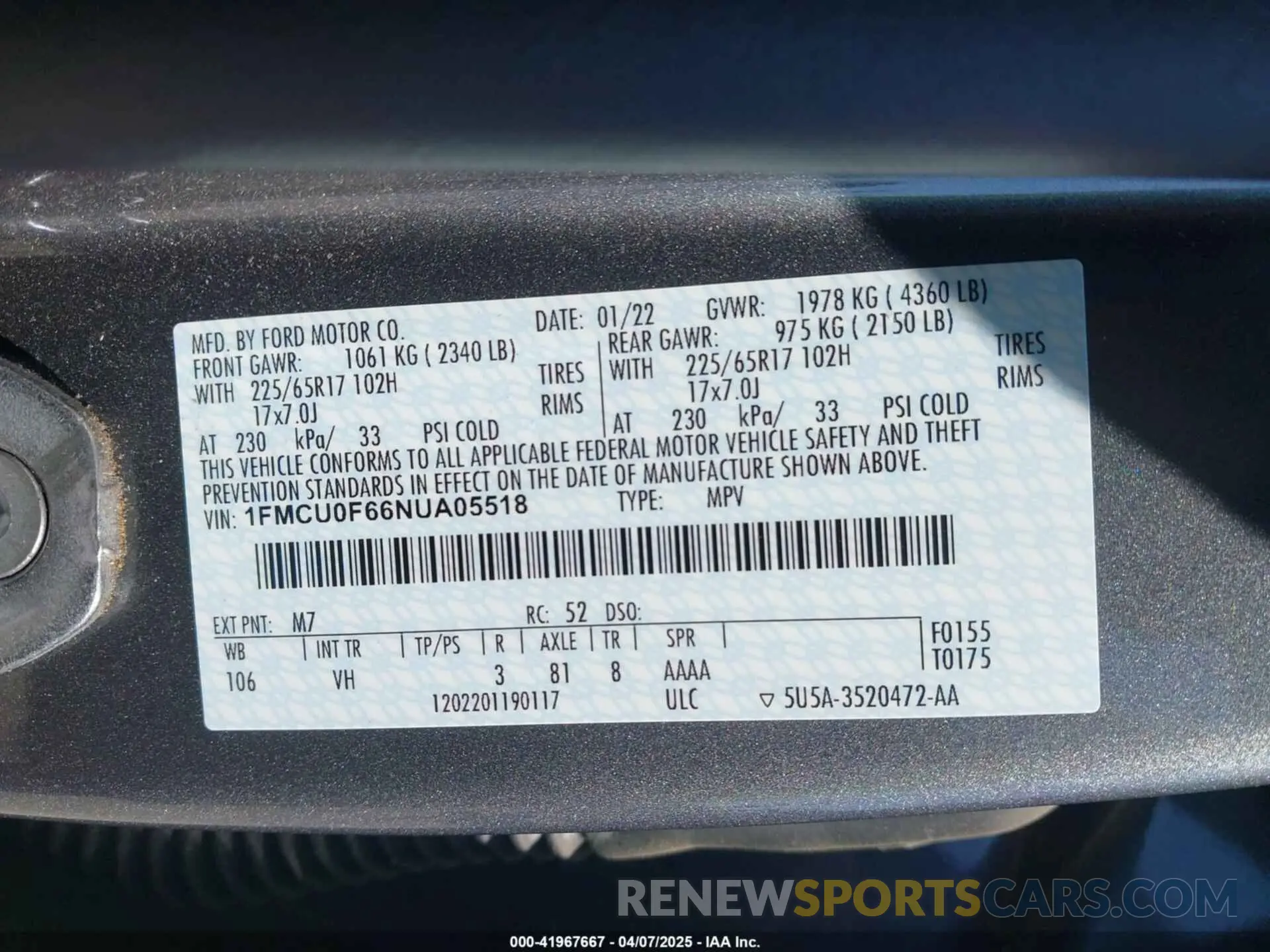 9 fotografías del automóvil dañado 1FMCU0F66NUA05518 FORD ESCAPE 2022