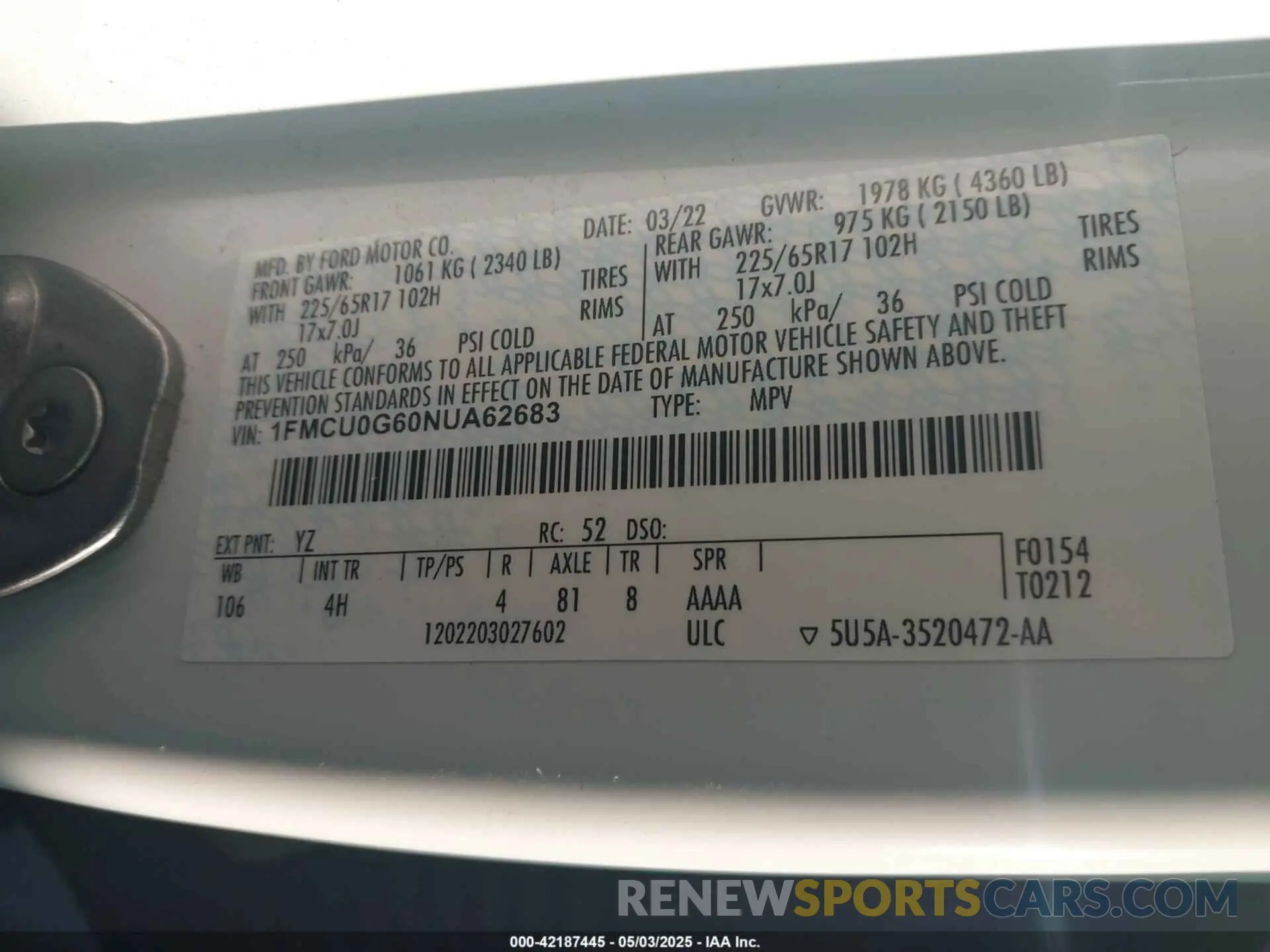 9 fotografías del automóvil dañado 1FMCU0G60NUA62683 FORD ESCAPE 2022