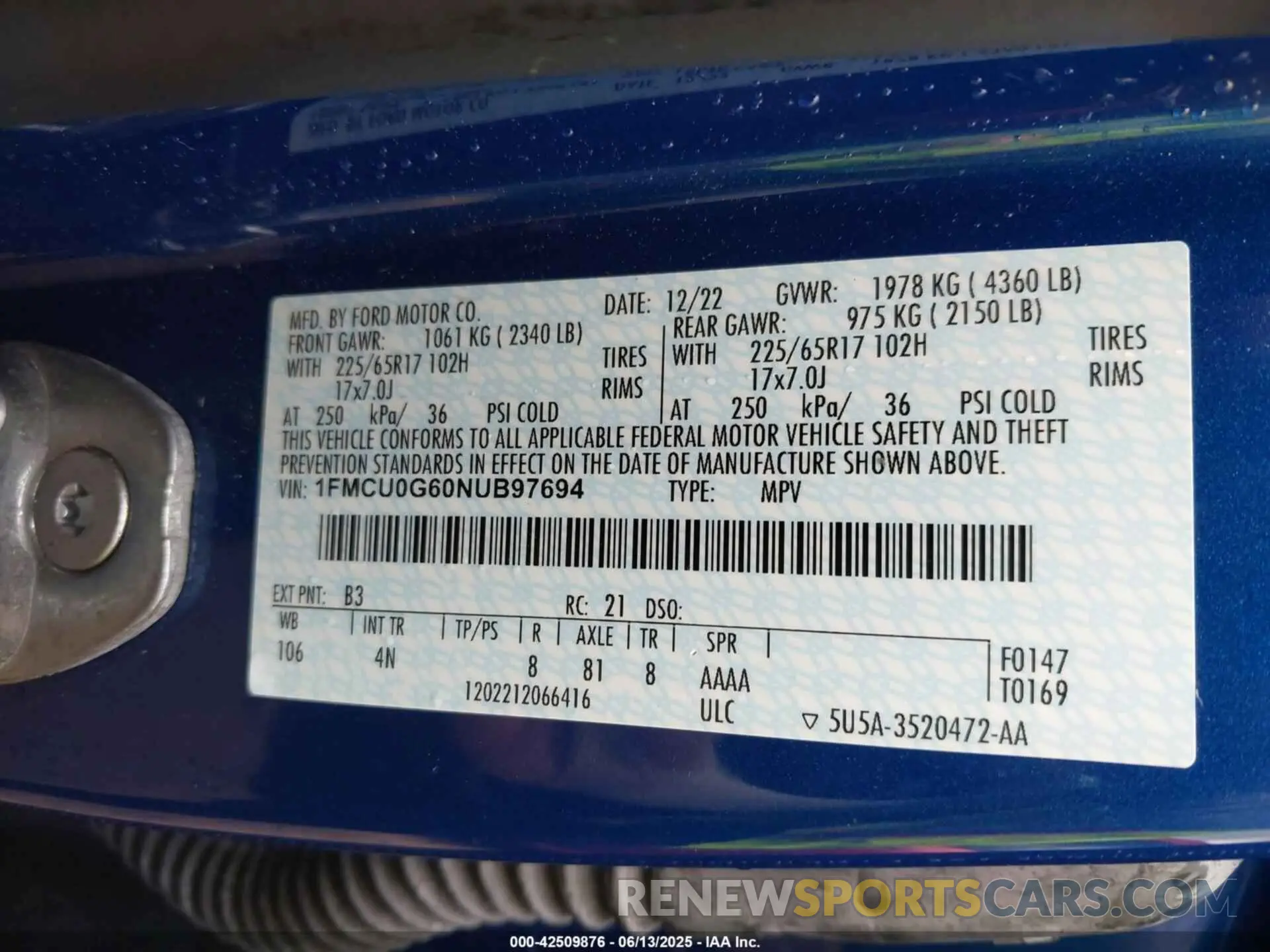 9 fotografías del automóvil dañado 1FMCU0G60NUB97694 FORD ESCAPE 2022