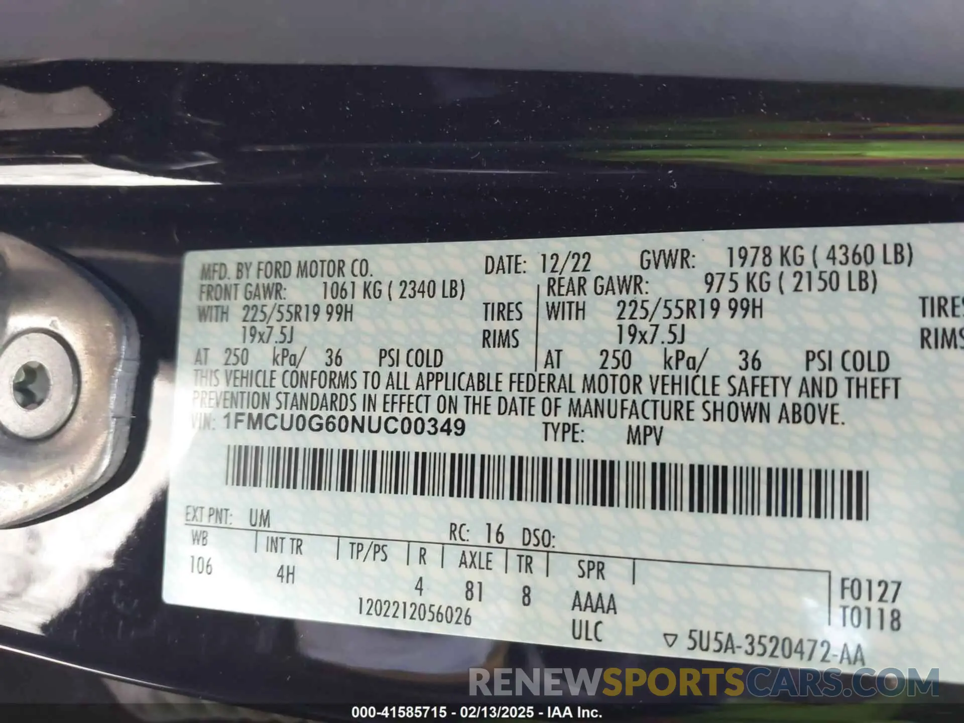 9 fotografías del automóvil dañado 1FMCU0G60NUC00349 FORD ESCAPE 2022