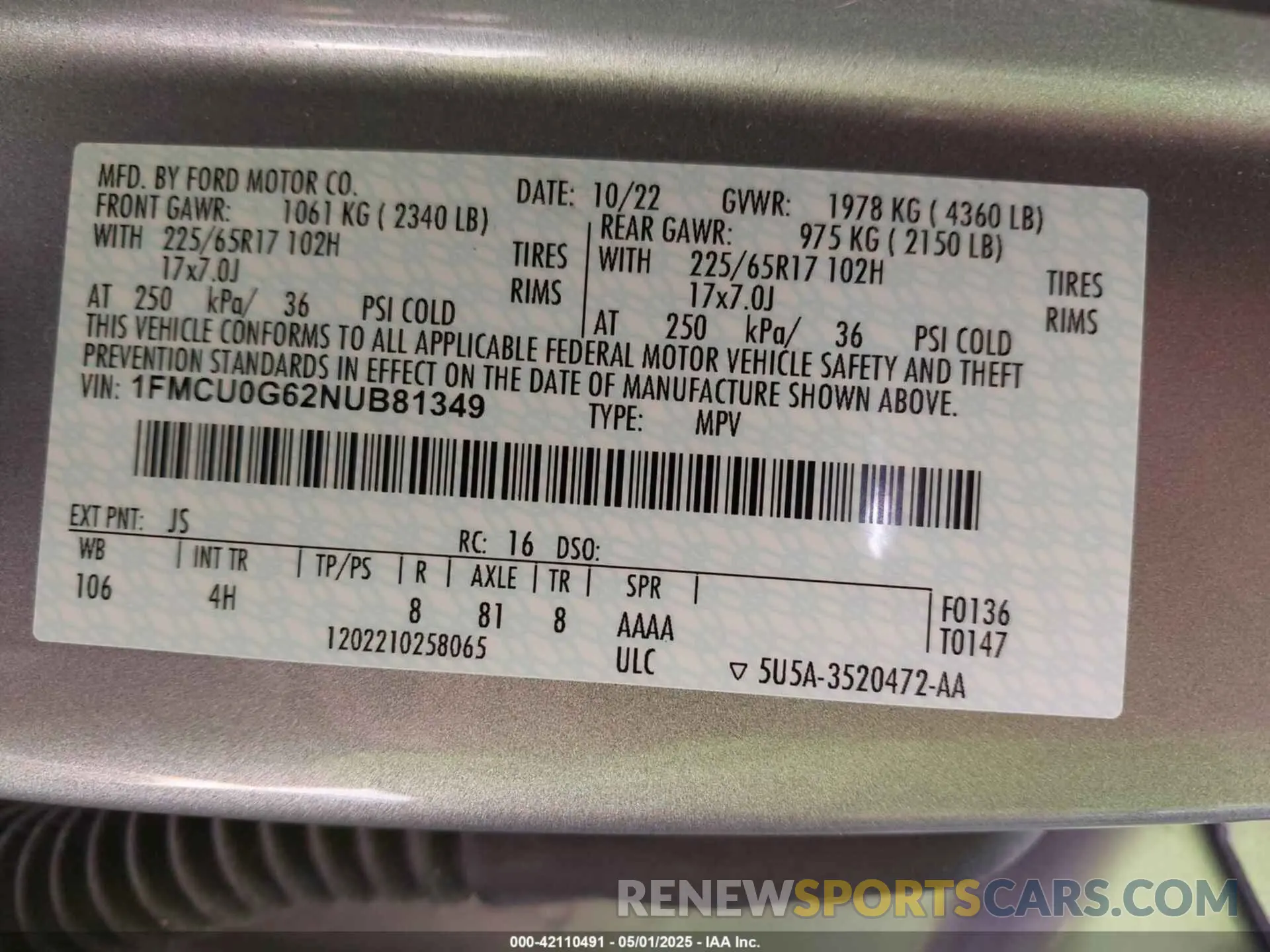 9 fotografías del automóvil dañado 1FMCU0G62NUB81349 FORD ESCAPE 2022