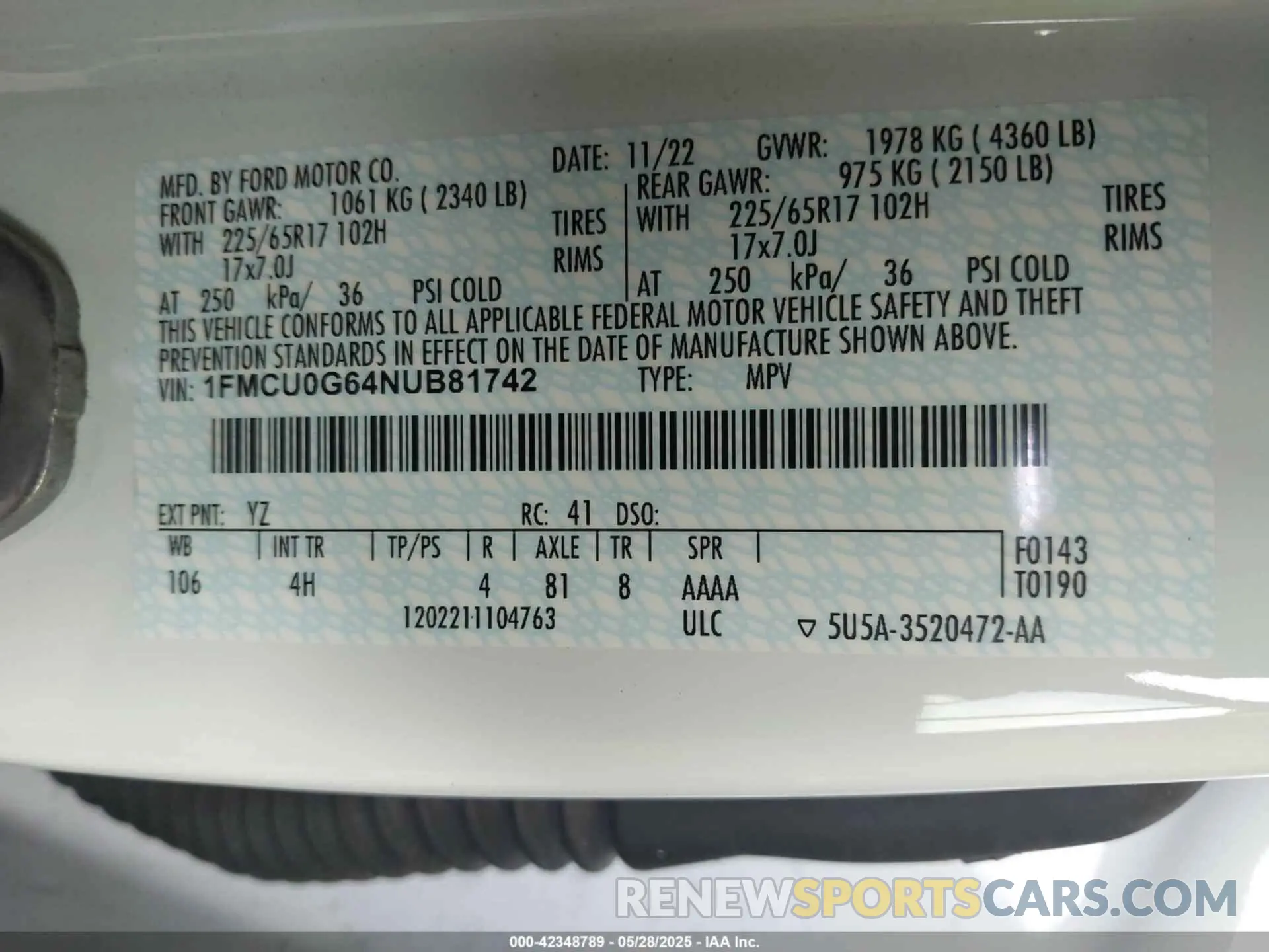 9 fotografías del automóvil dañado 1FMCU0G64NUB81742 FORD ESCAPE 2022