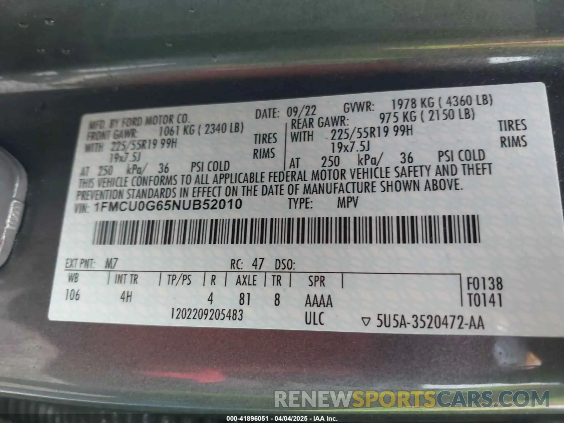 9 fotografías del automóvil dañado 1FMCU0G65NUB52010 FORD ESCAPE 2022