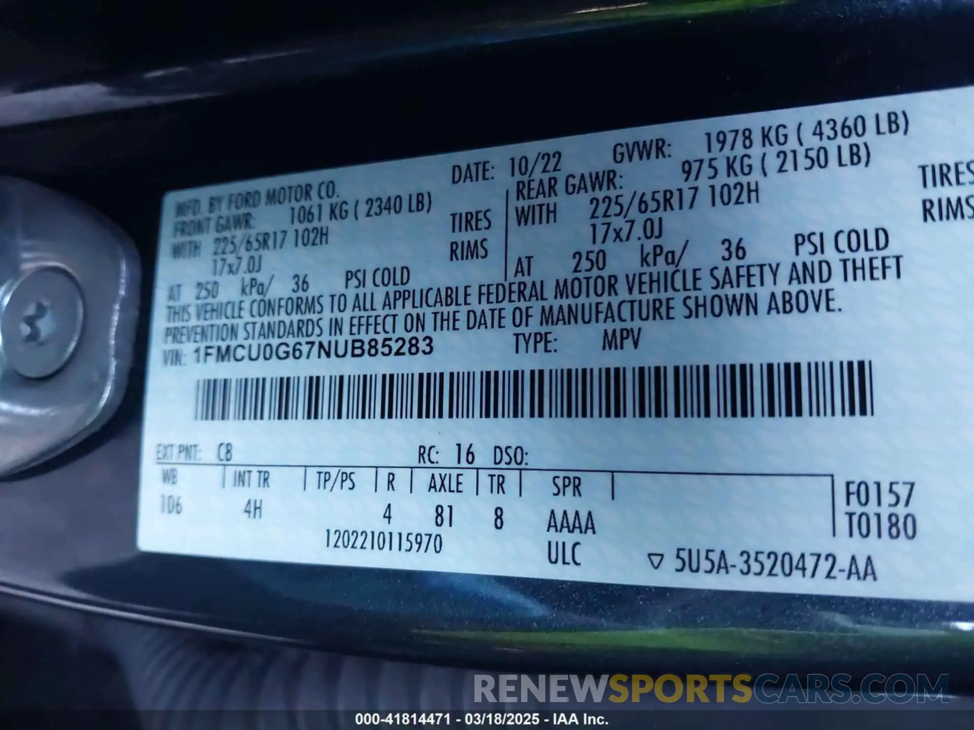 9 fotografías del automóvil dañado 1FMCU0G67NUB85283 FORD ESCAPE 2022