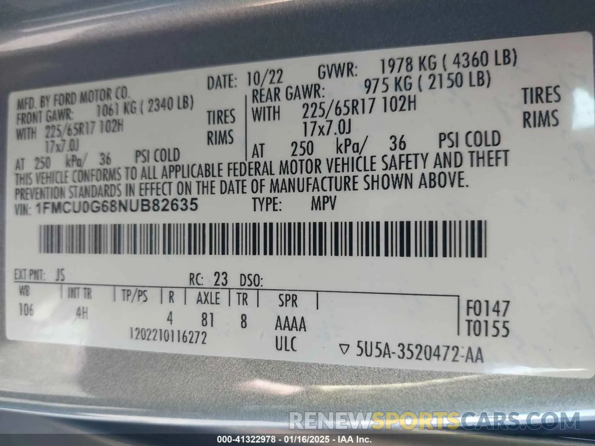 9 fotografías del automóvil dañado 1FMCU0G68NUB82635 FORD ESCAPE 2022