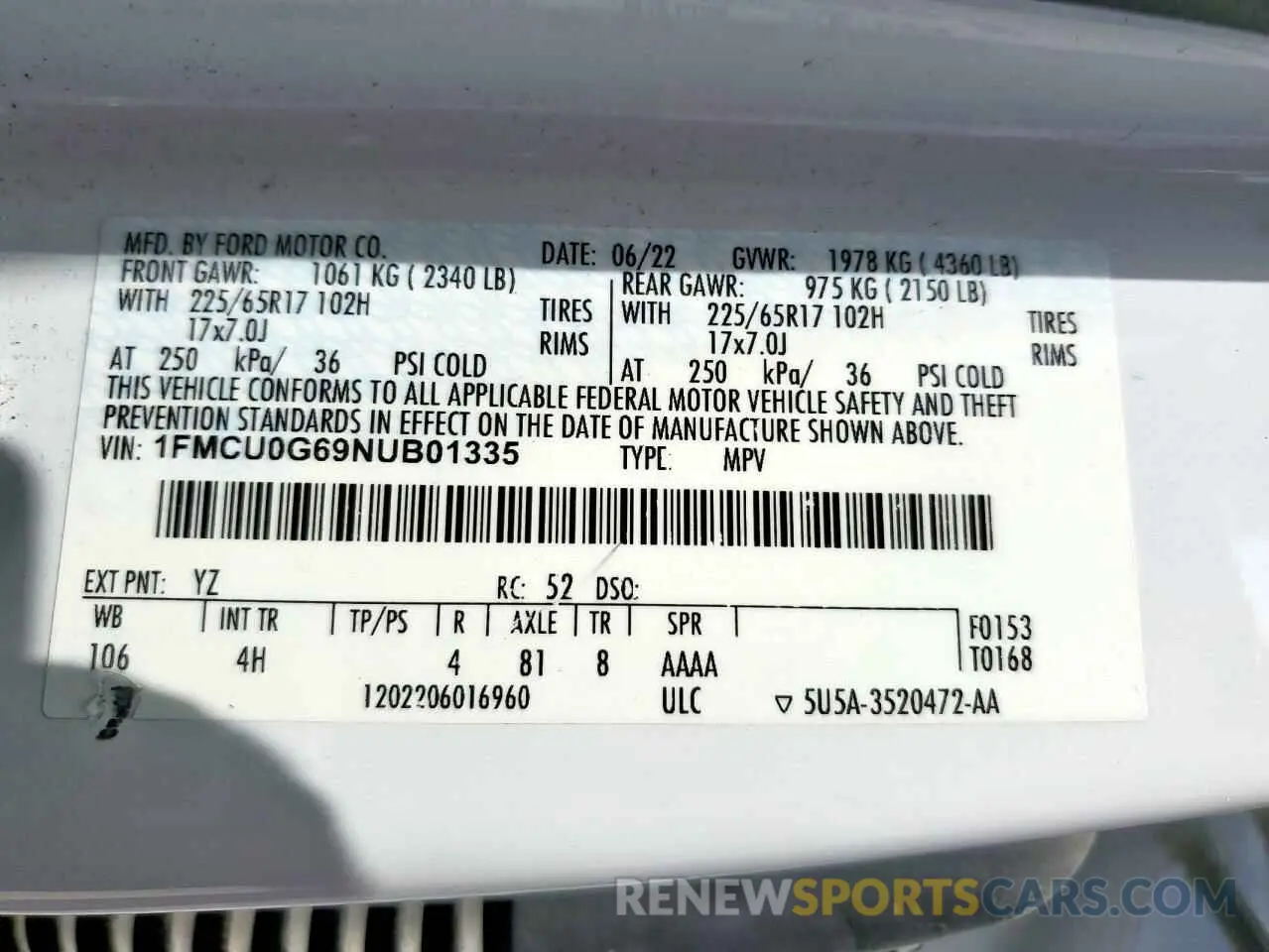 13 fotografías del automóvil dañado 1FMCU0G69NUB01335 FORD ESCAPE 2022