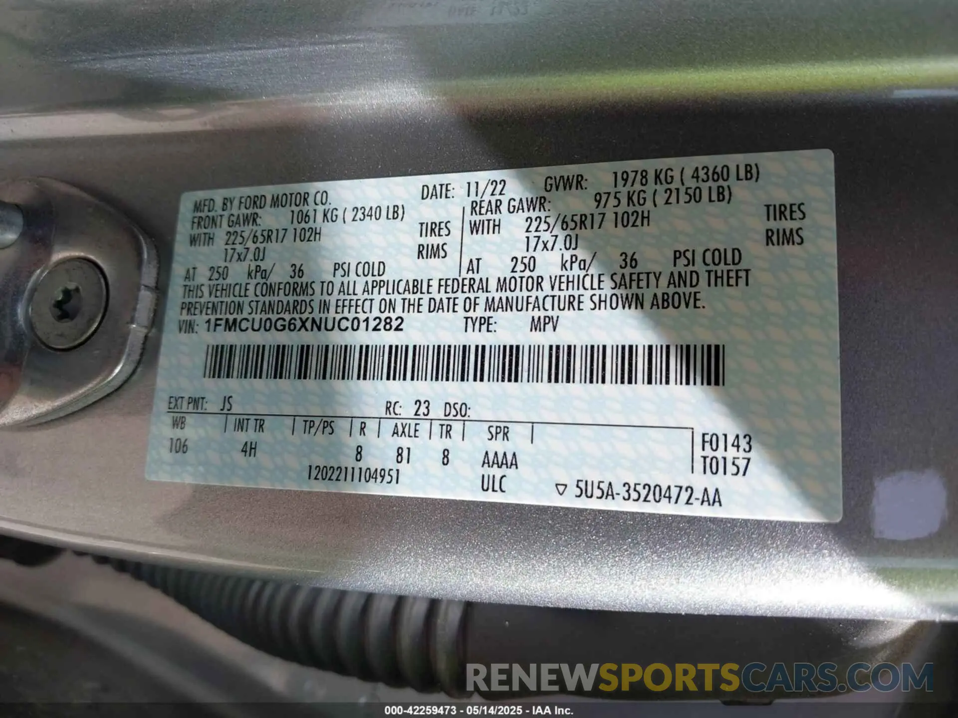9 fotografías del automóvil dañado 1FMCU0G6XNUC01282 FORD ESCAPE 2022