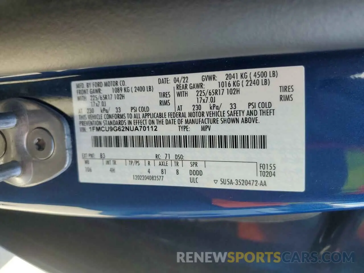 13 fotografías del automóvil dañado 1FMCU9G62NUA70112 FORD ESCAPE 2022