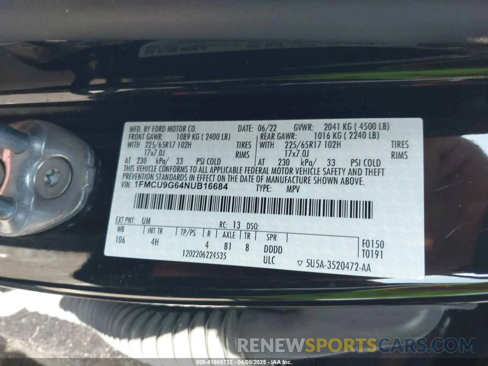 9 fotografías del automóvil dañado 1FMCU9G64NUB16684 FORD ESCAPE 2022