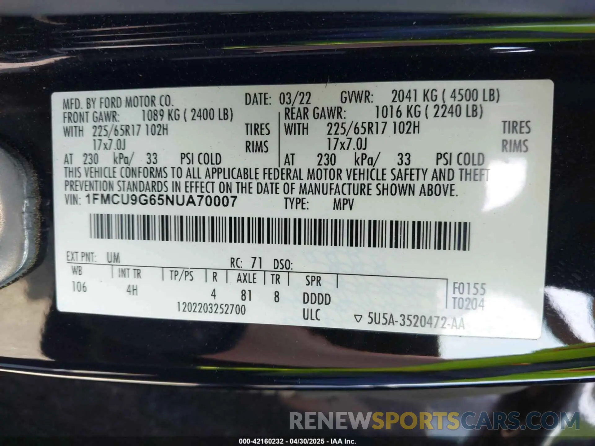9 fotografías del automóvil dañado 1FMCU9G65NUA70007 FORD ESCAPE 2022