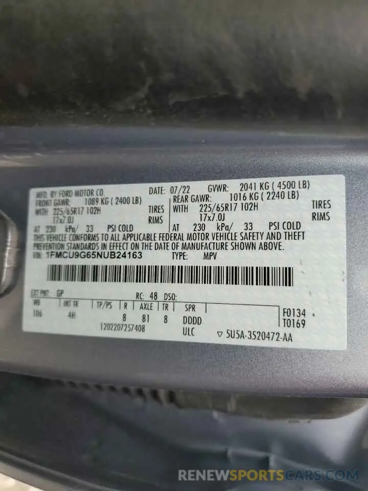 14 fotografías del automóvil dañado 1FMCU9G65NUB24163 FORD ESCAPE 2022