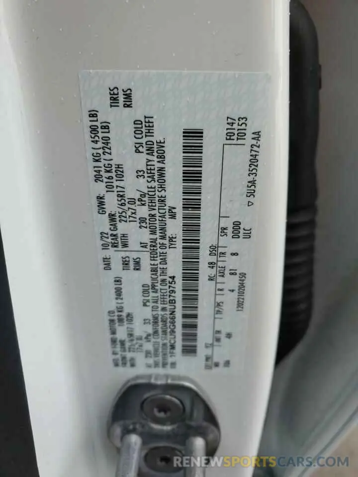 13 fotografías del automóvil dañado 1FMCU9G66NUB79754 FORD ESCAPE 2022