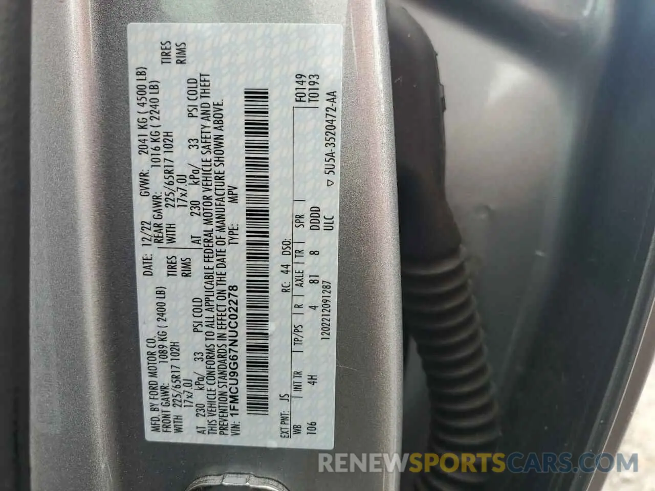 13 fotografías del automóvil dañado 1FMCU9G67NUC02278 FORD ESCAPE 2022